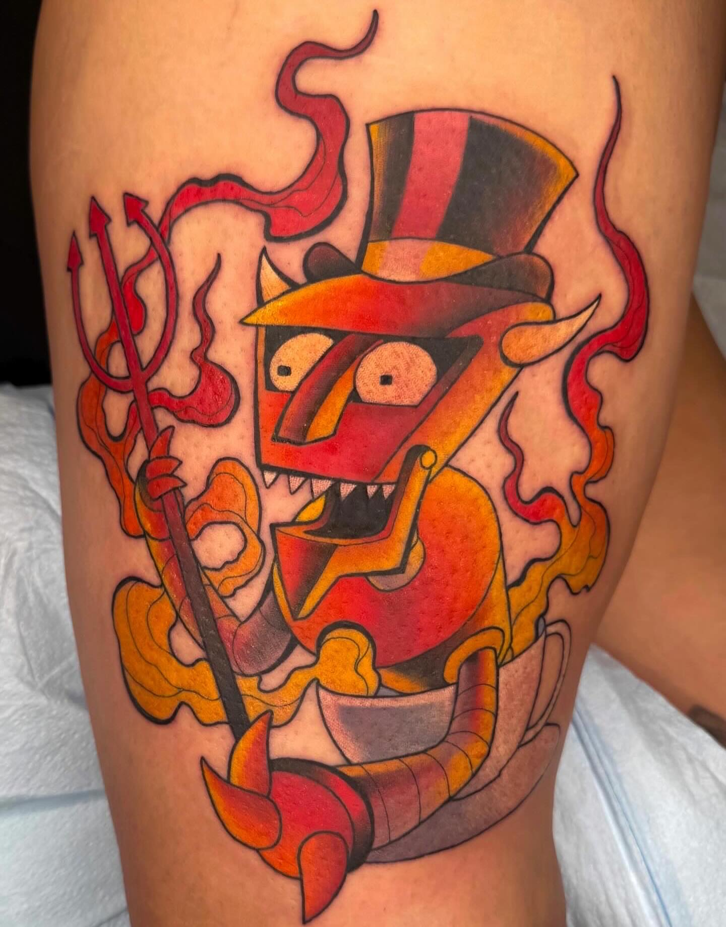 Demon American traditional tattoo on the thigh by Hades cabrera, Richmond, Virginia