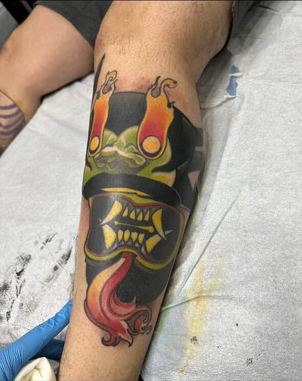 Demon American traditional tattoo on the forearm by Randy Templin Tattoo Artist, Virginia Beach, Virginia