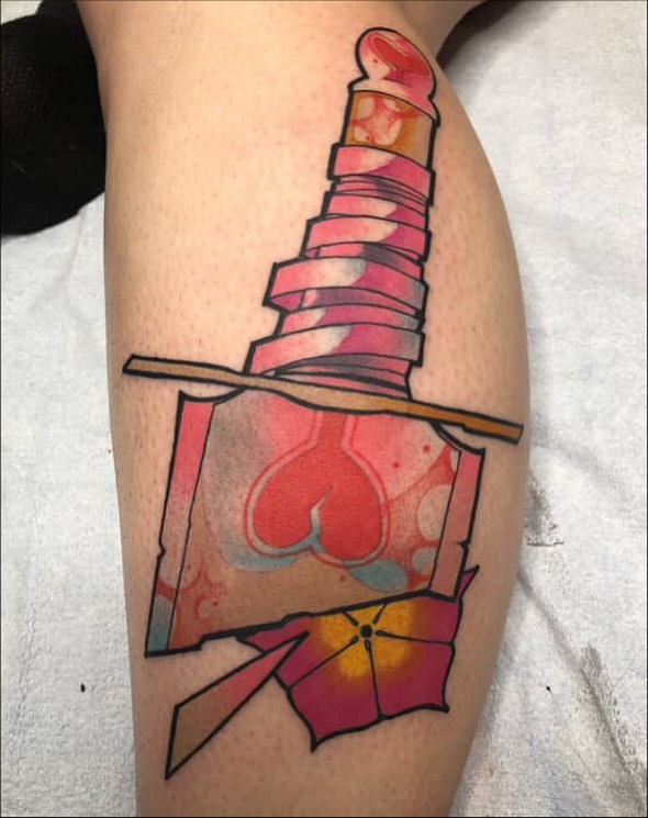 Lipstick and playing card geometric tattoo on the forearm by Randy Templin Tattoo Artist, Virginia Beach, Virginia