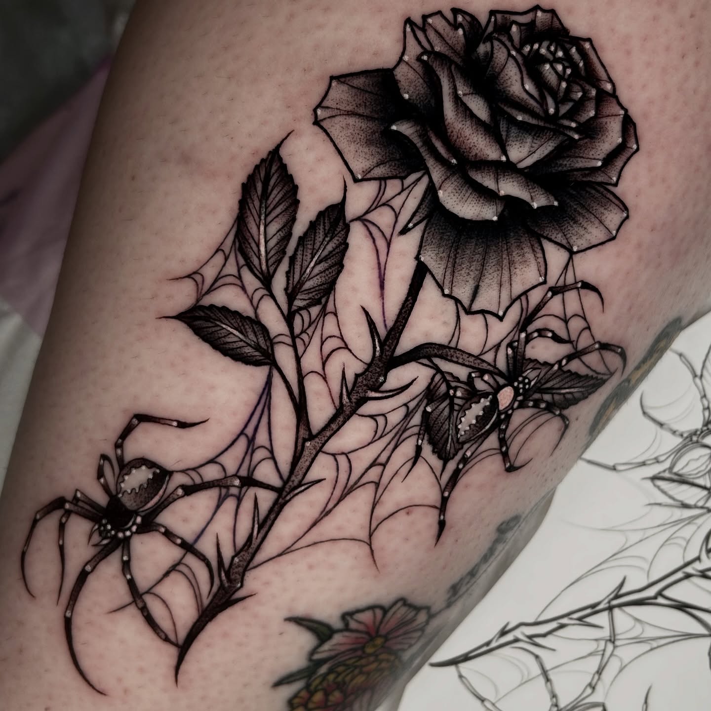Rose and spider dotwork tattoo on the forearm by ✮ Monarch Tattoos ✮