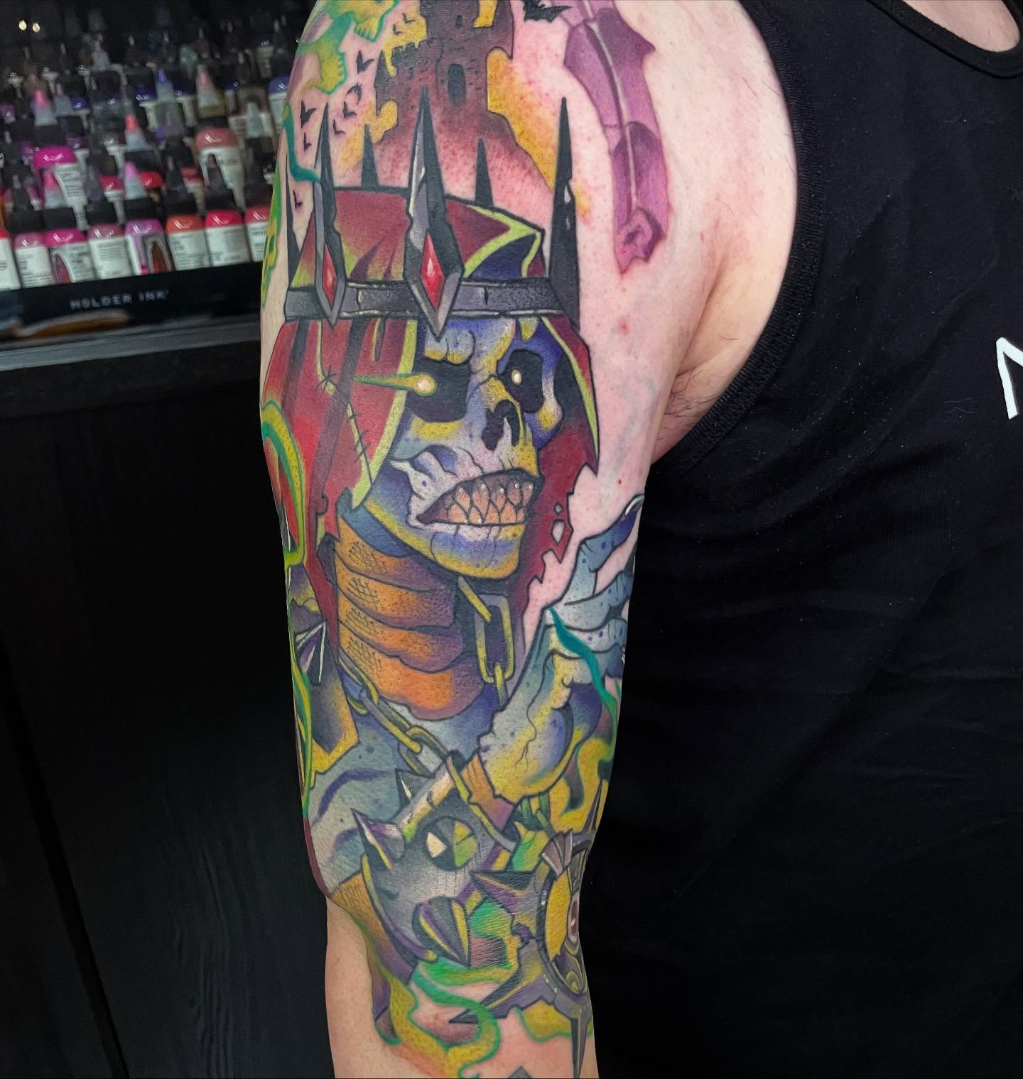 Skull and castle dotwork tattoo on the forearm by ππΈππππ π΅ππππππ