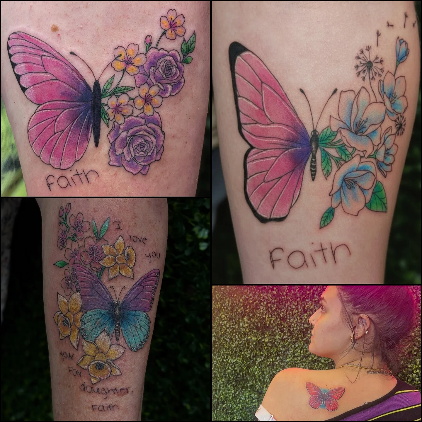 Butterfly and flowers new school tattoo on the upper arm by Marlayna Connelly