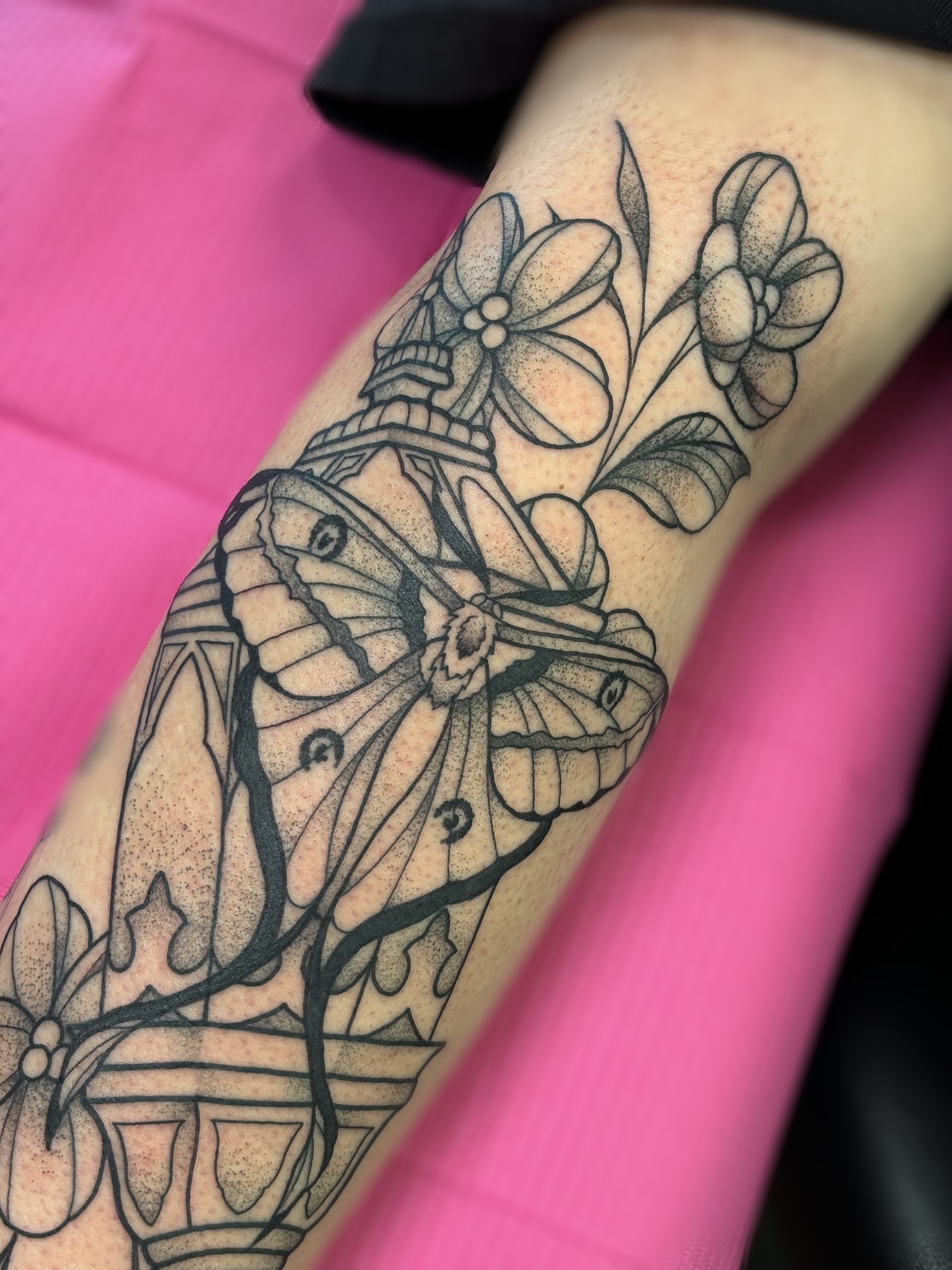 Butterfly and flowers dotwork tattoo on the forearm by ✿ sadie winter ✿
