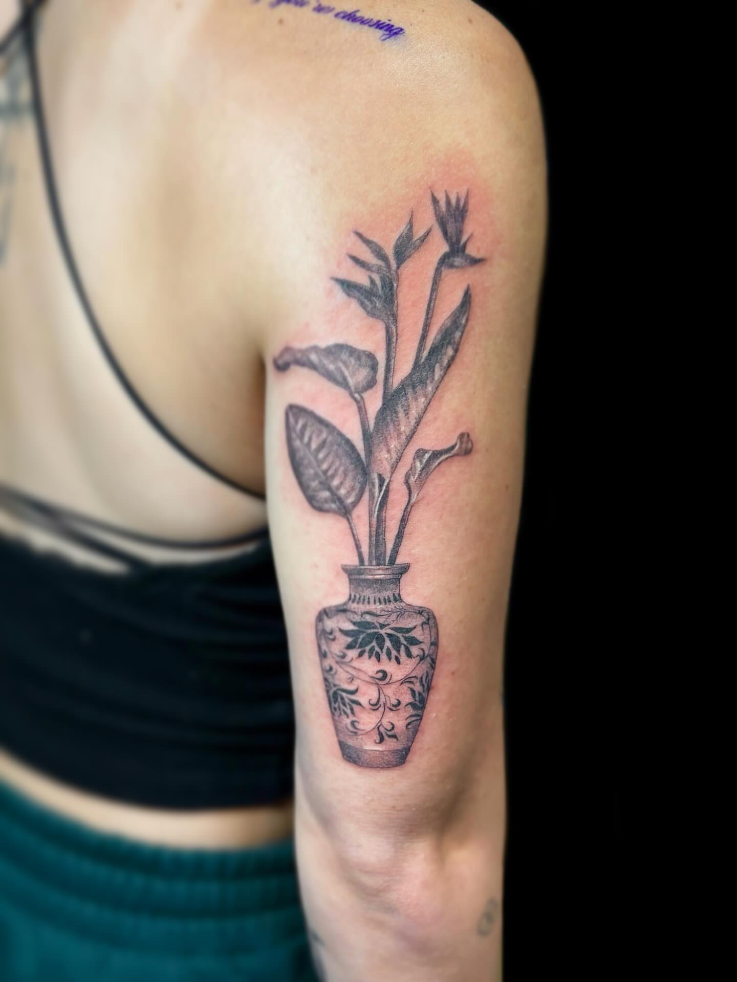 Flower vase black and grey tattoo on the forearm by Ashtyn ☾
