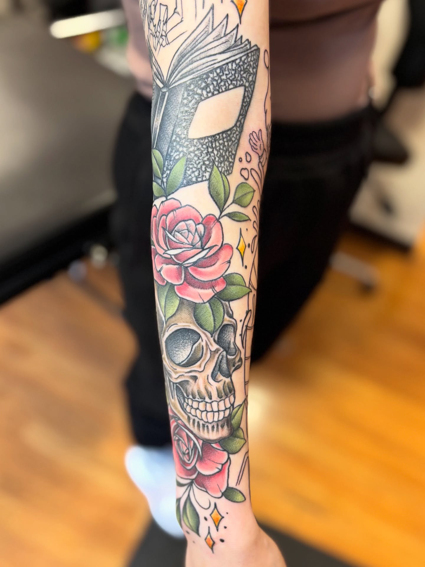 Skull and rose American traditional tattoo on the forearm by Dee - MA Tattoo Artist, Concord, Massachusetts