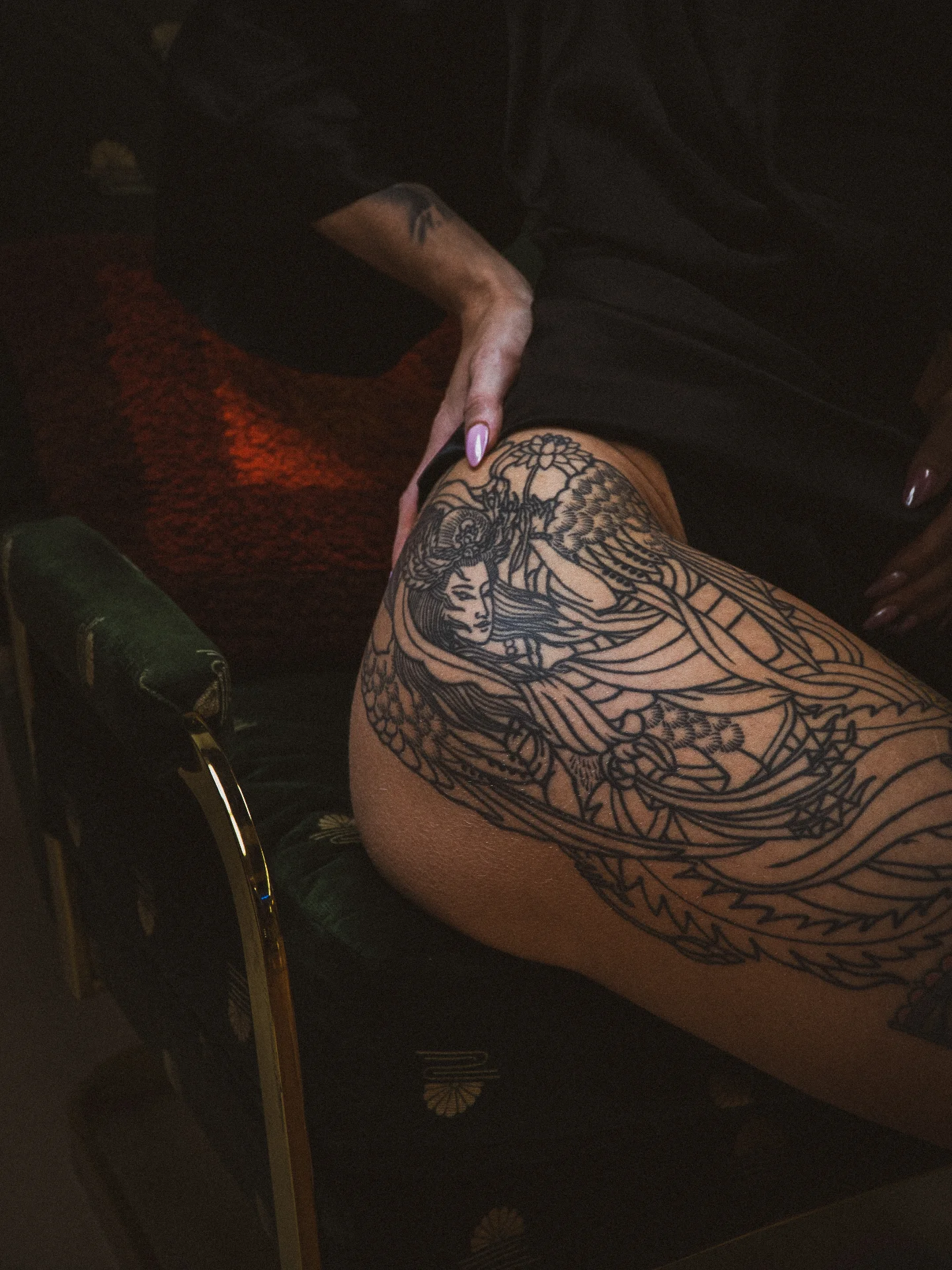 Mermaid black and grey tattoo on the thigh by Angela Mukai