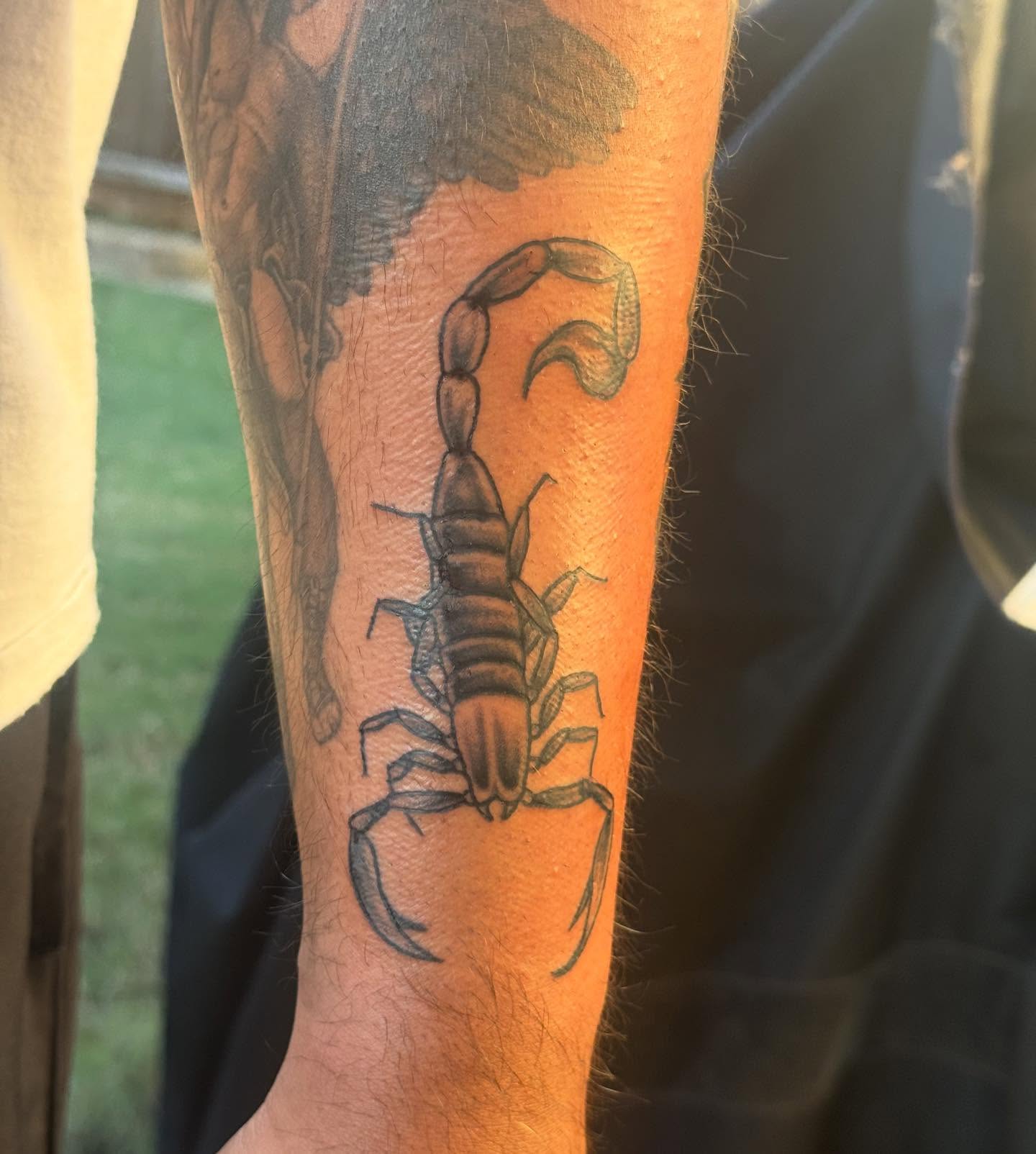 Scorpion black and grey tattoo on the forearm by @mr.smiley___