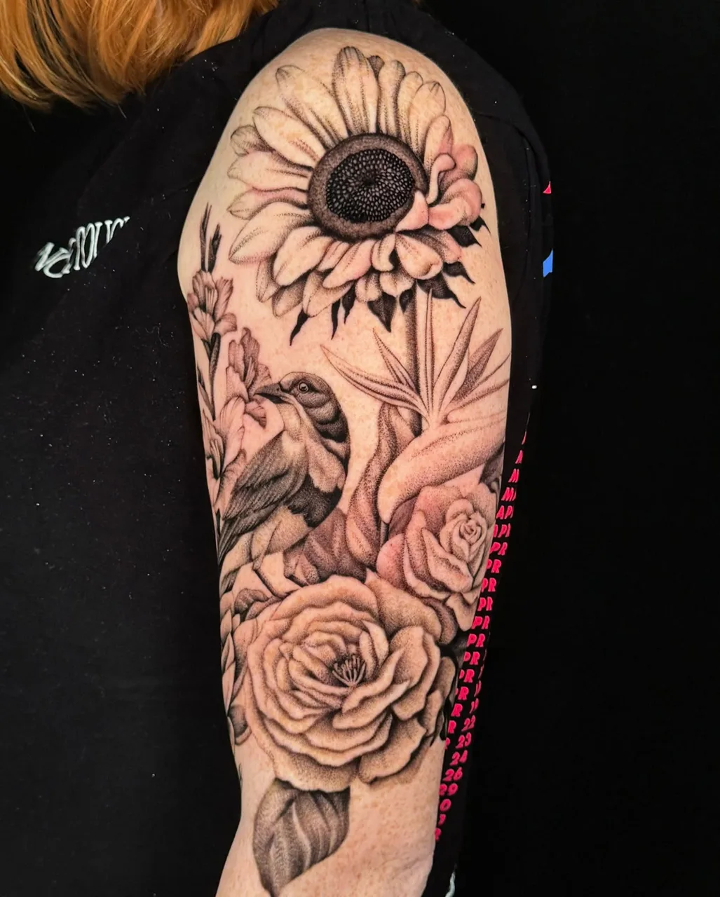 Sunflower and bird dotwork tattoo on the forearm by Tattoo Artist