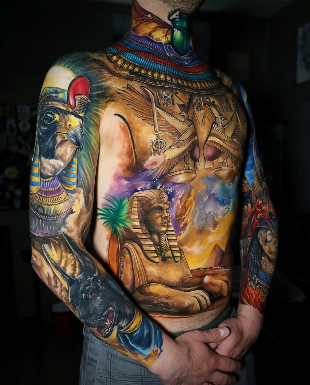Egyptian mythology neo-traditional tattoo on the torso by Marek Pawlik