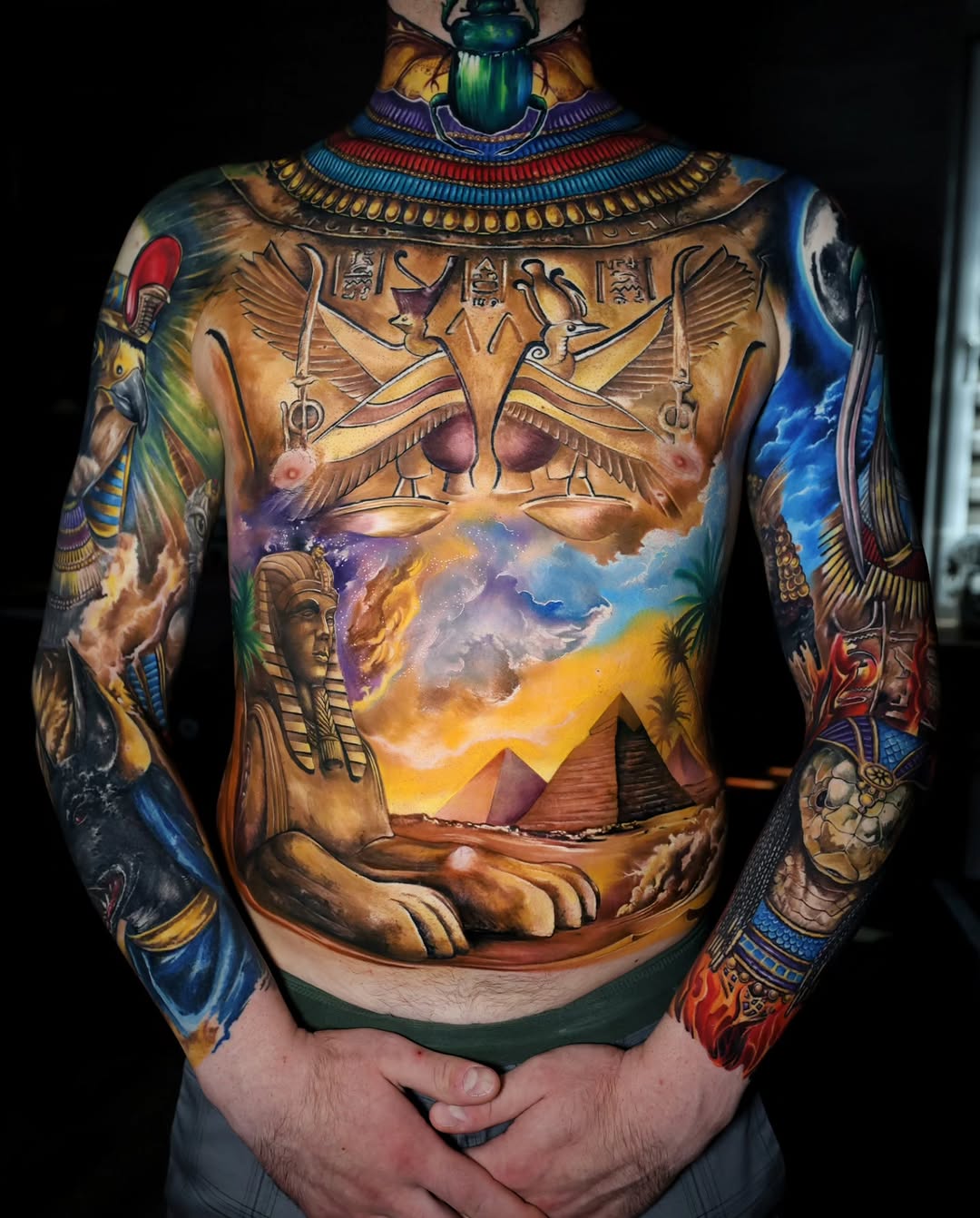 Egyptian mythology landscape Japanese tattoo on the torso by Marek Pawlik