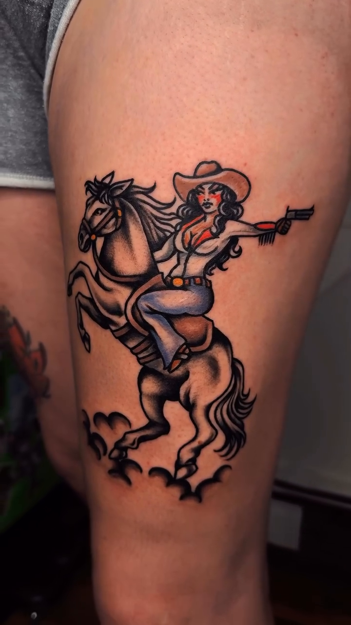 Cowgirl on horseback neo-traditional tattoo on the thigh by ๐ฅ๐๐ท๐ข๐ฉ