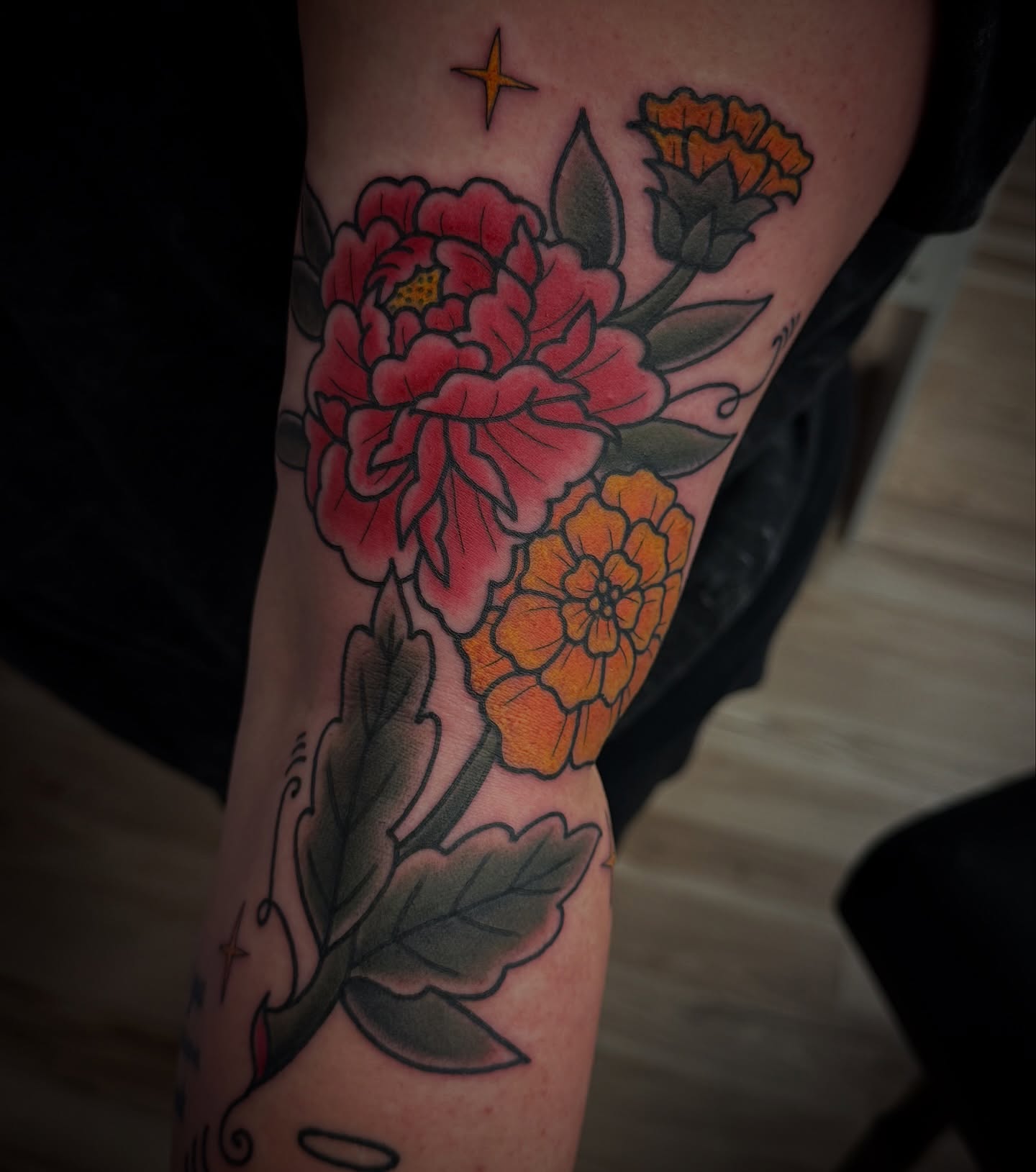Peony and marigold American traditional tattoo on the forearm by ♡𝕄𝕒𝕜𝕒𝕪𝕝𝕒♡, Colorado Springs, Colorado