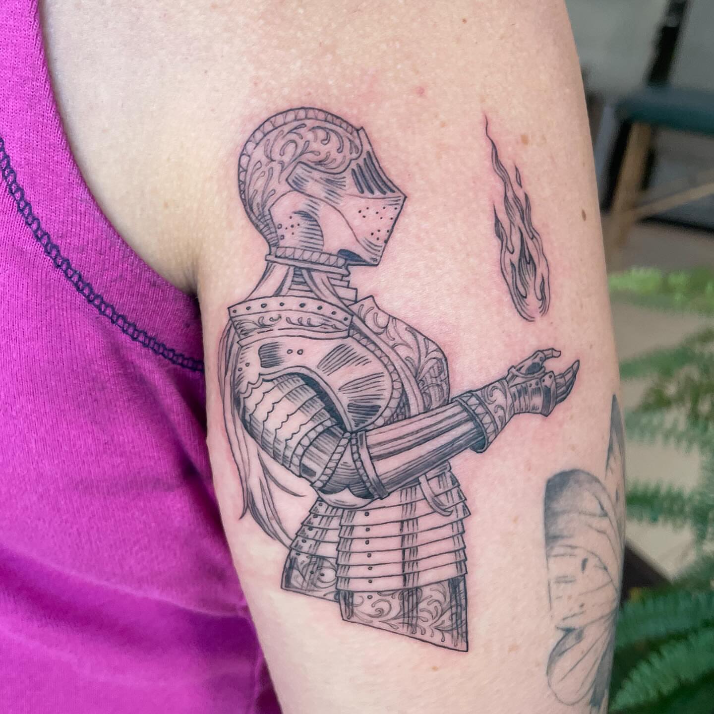 Knight armor black and grey tattoo on the forearm by Ally Easter, Berkeley, California