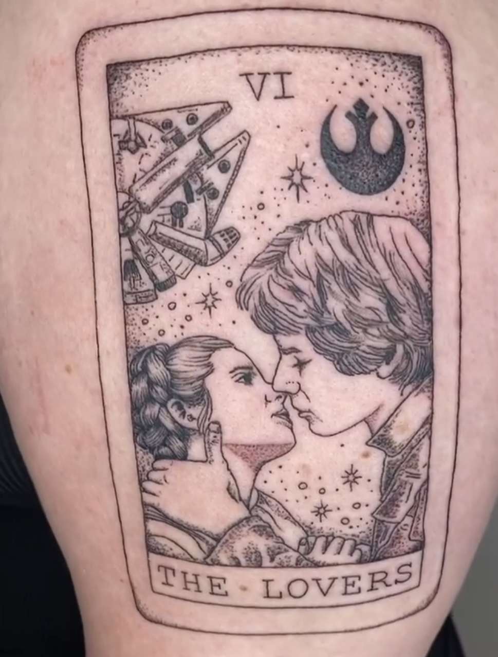 The lovers dotwork tattoo on the thigh by Melissa Contreras