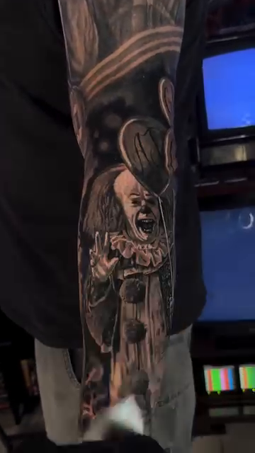 Pennywise the Clown realism tattoo by Steven Pelkey, Eastpointe, Michigan