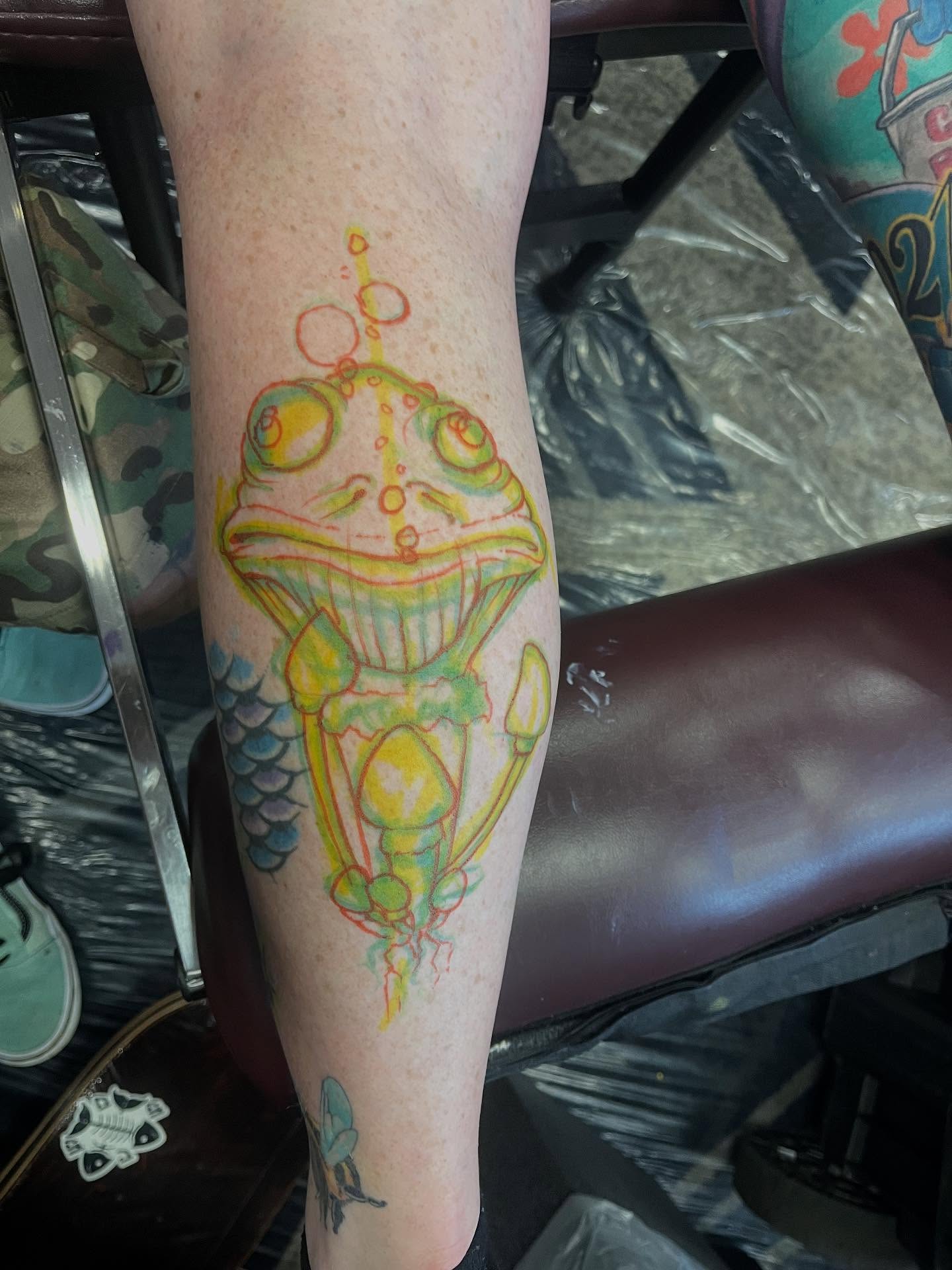 Frog new school tattoo on the forearm by scottyjstattoos