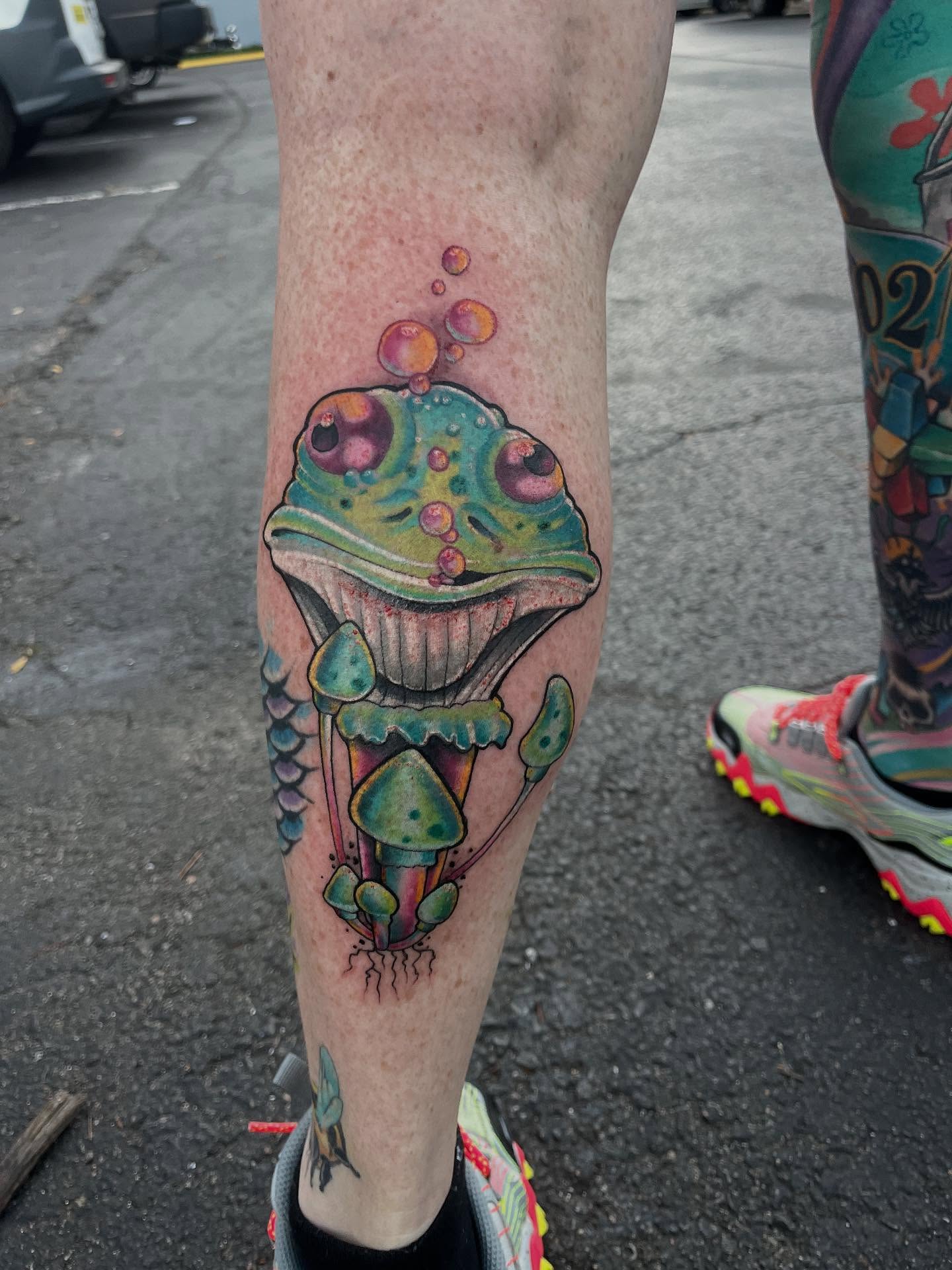 Frog new school tattoo on the forearm by scottyjstattoos