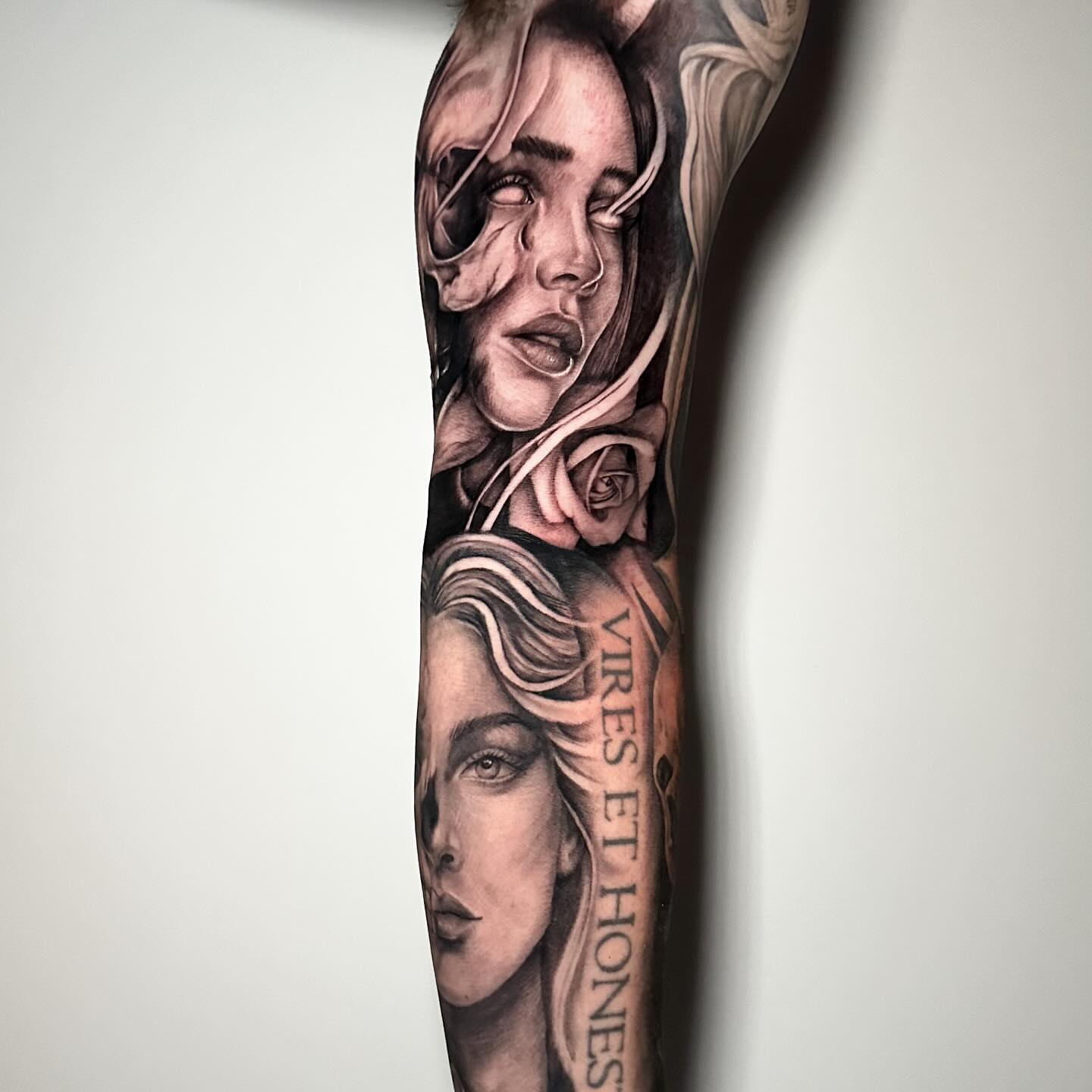 Woman's face realism tattoo on the forearm by Megan McKee Tattoo Artist