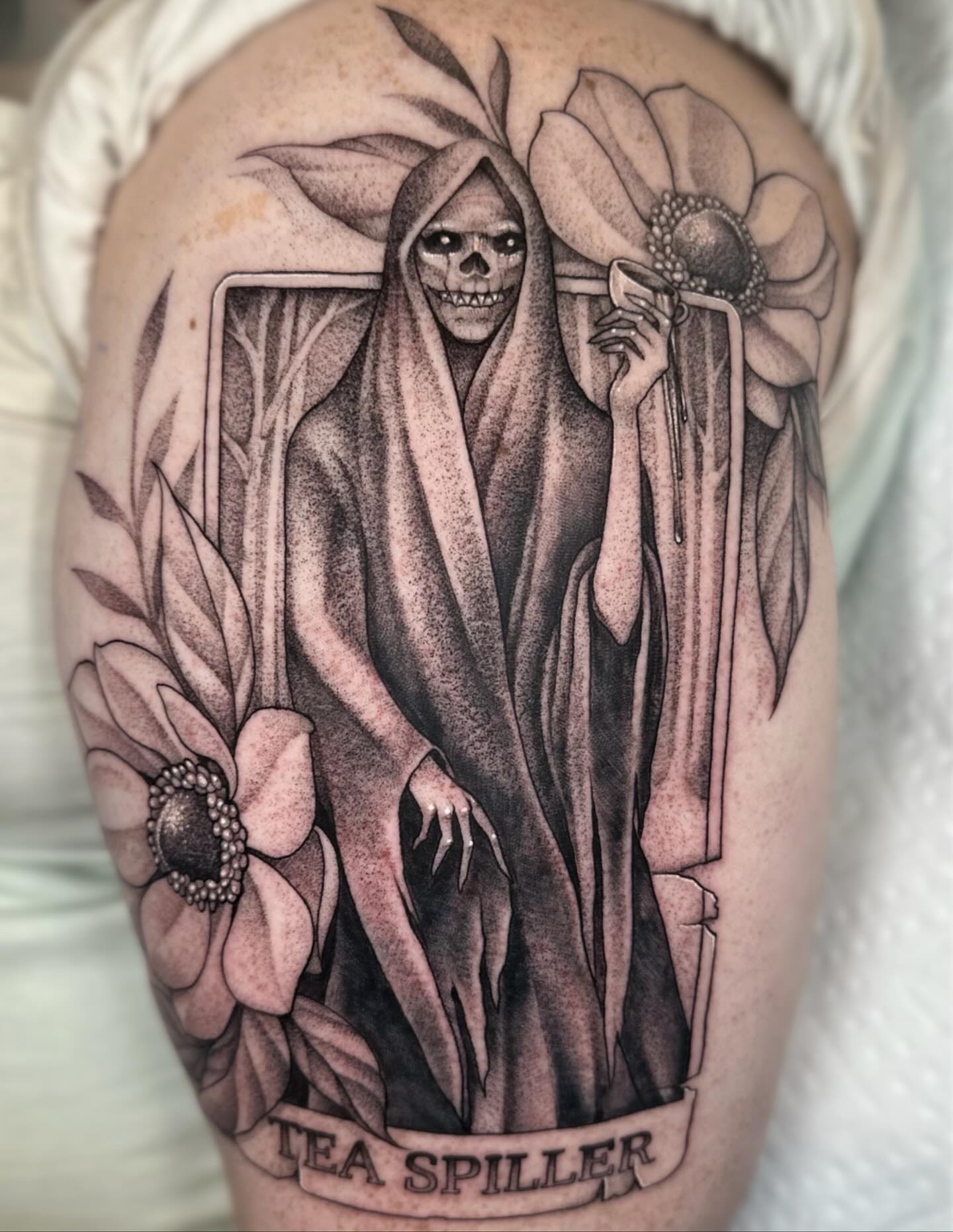 Grim reaper with flowers realism tattoo on the shoulder by ᴇʟɪᴢᴀ ɢᴏɴᴢᴀʟᴇᴢ
