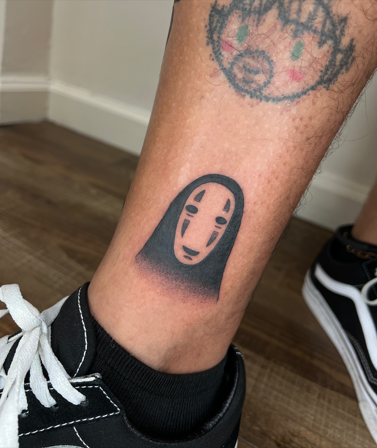 No face ghost black and grey tattoo on the forearm by Diana García