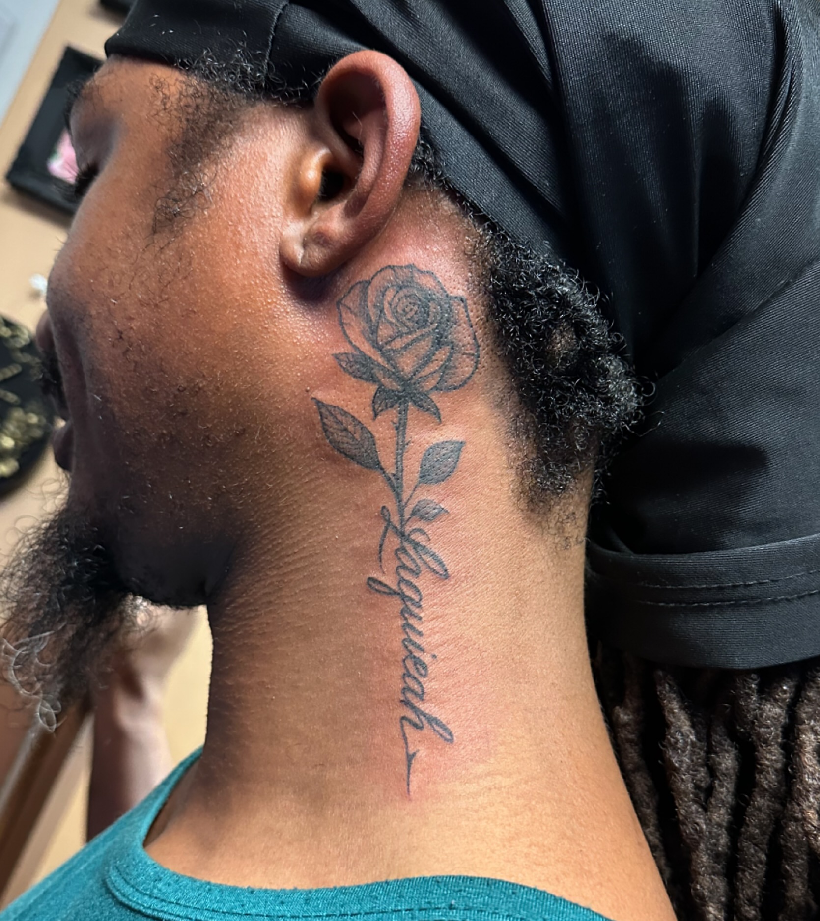 Rose black and grey tattoo on the neck by π·πππ, Cleveland, Ohio