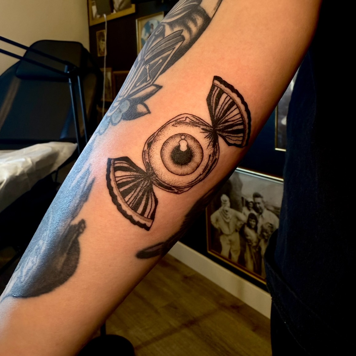 Eye and butterfly dotwork tattoo on the forearm by Ki ☆ SLC TATTOO ARTIST
