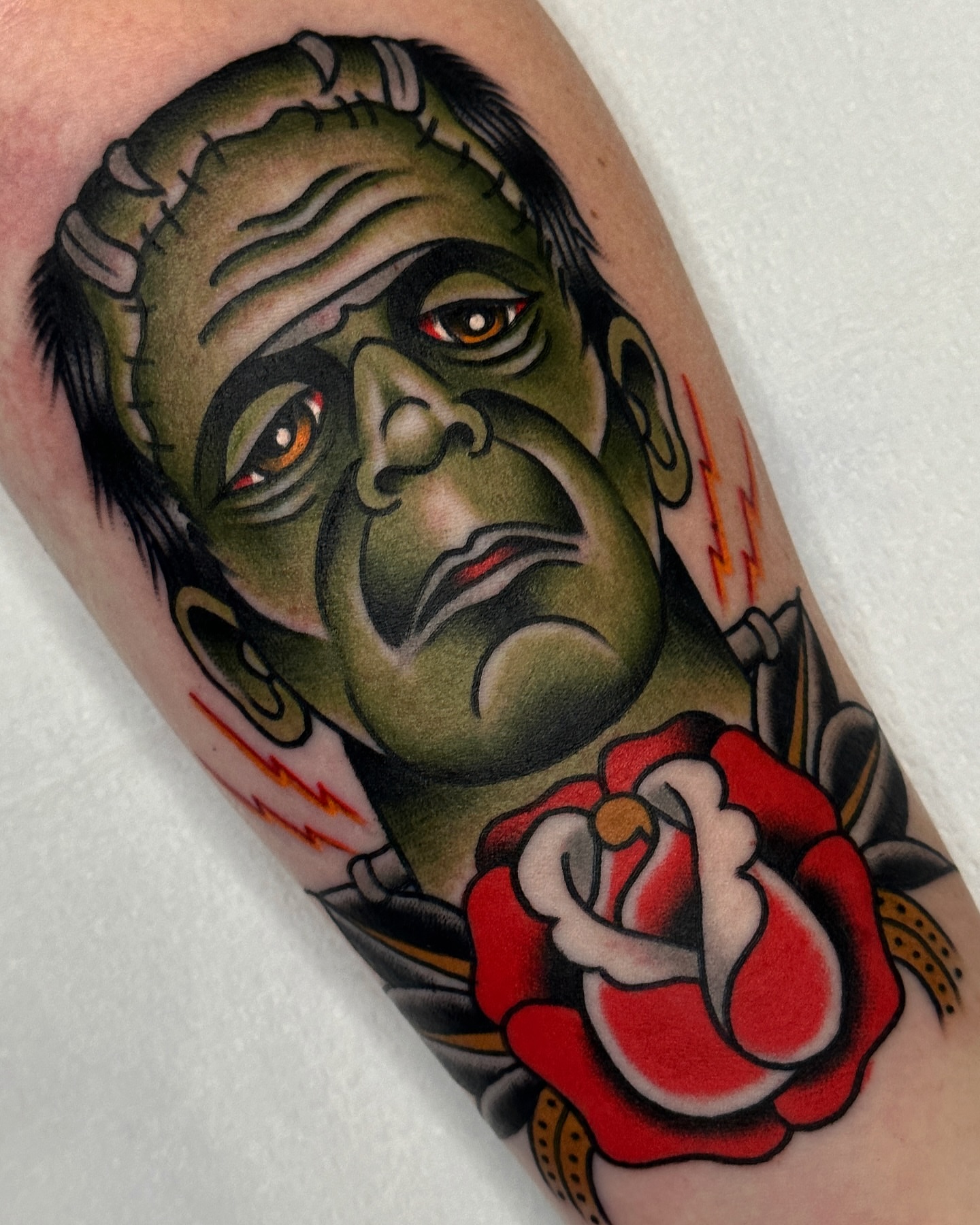 Frankenstein's monster American traditional tattoo on the forearm by Cory Craft