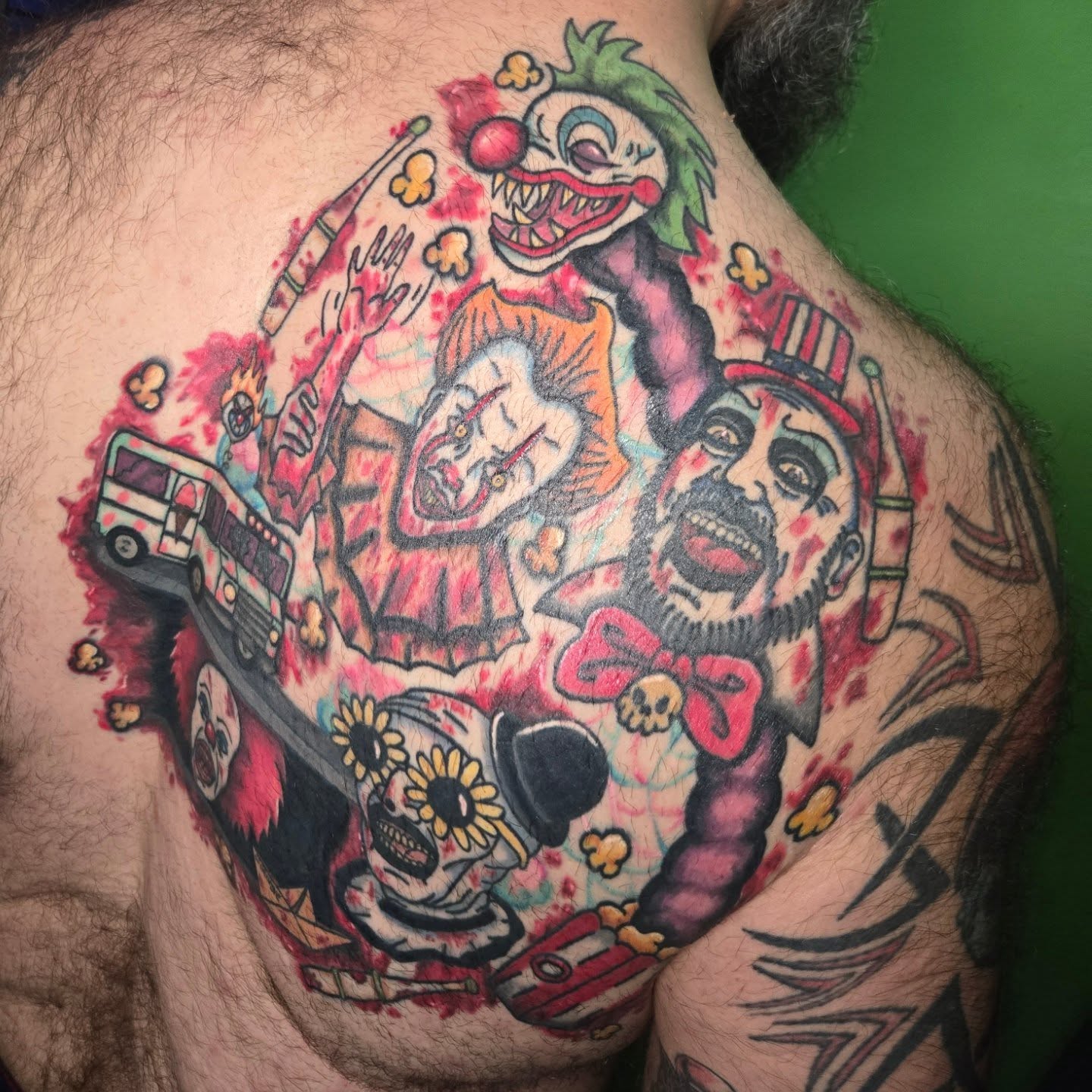 Clowns and skull American traditional tattoo on the back by Abigail (Bgail) Boyd
