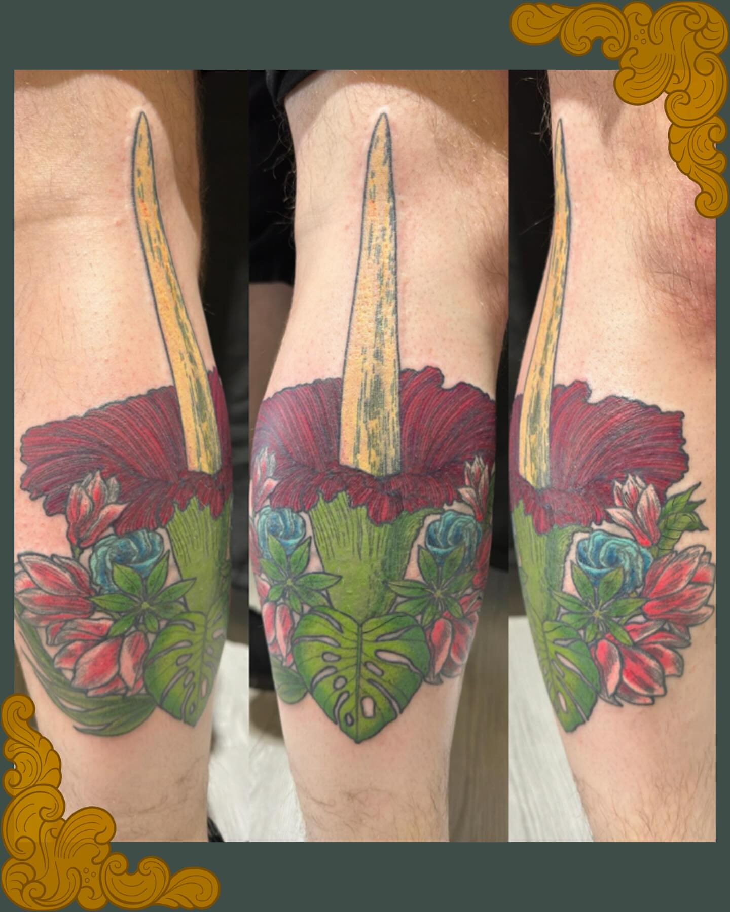 Pitchfork and flowers American traditional tattoo on the forearm by Patrick Carroll