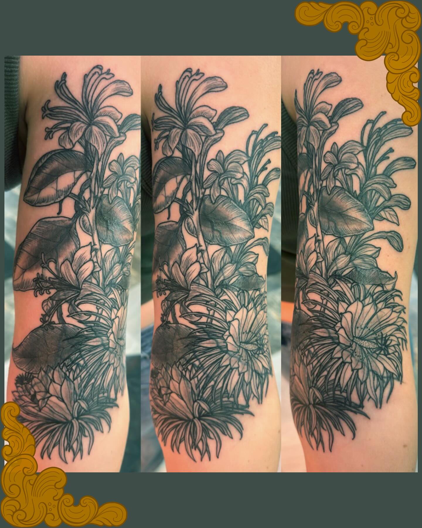 Floral arrangement black and grey tattoo on the forearm by Patrick Carroll