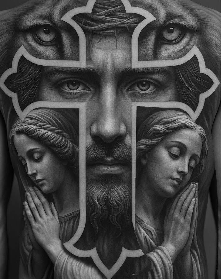 Religious figures realism tattoo on the chest by Peter John