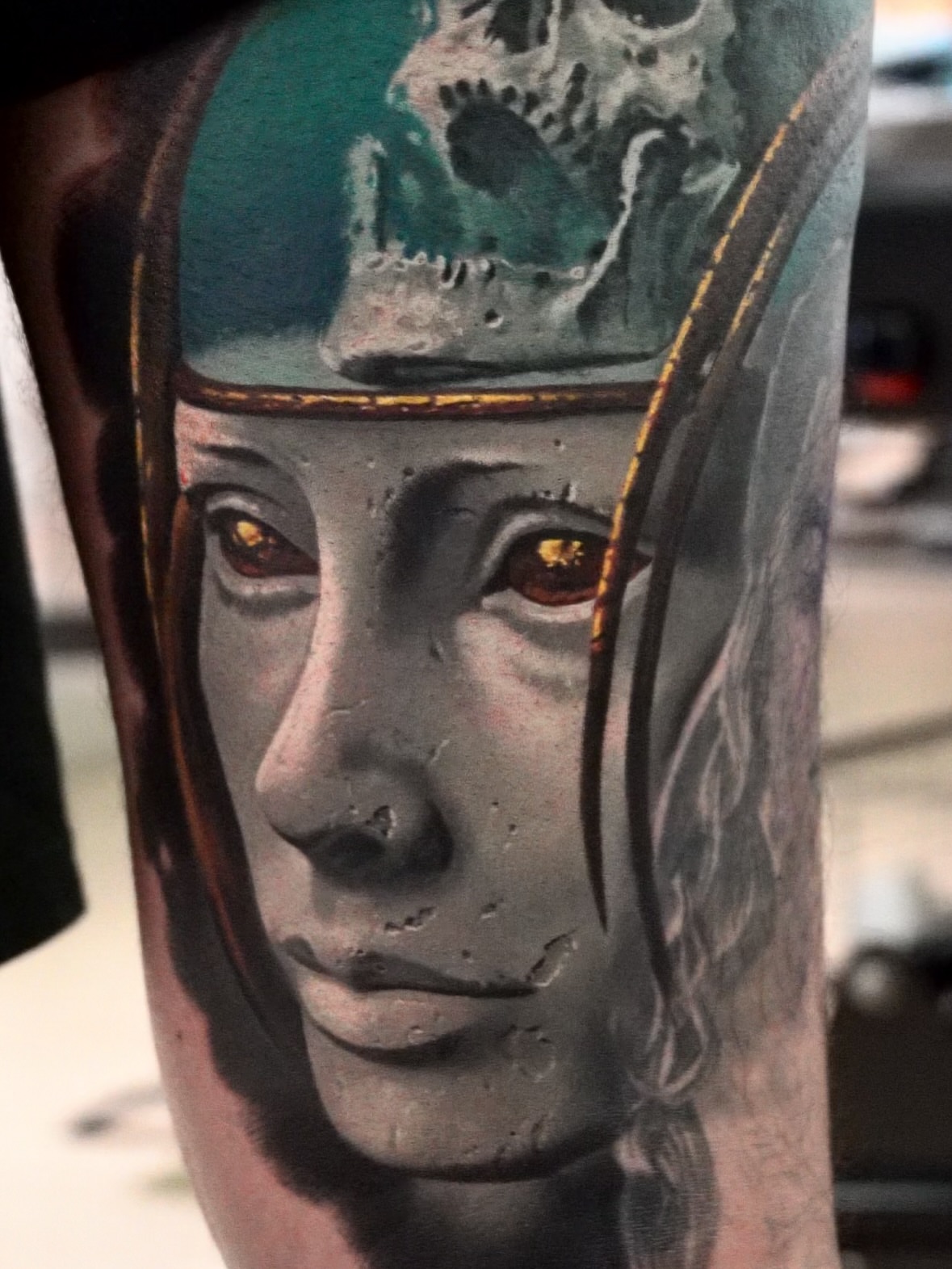 Indian chief realism tattoo on the forearm by Jacob Sheffield, Grand Junction, Colorado