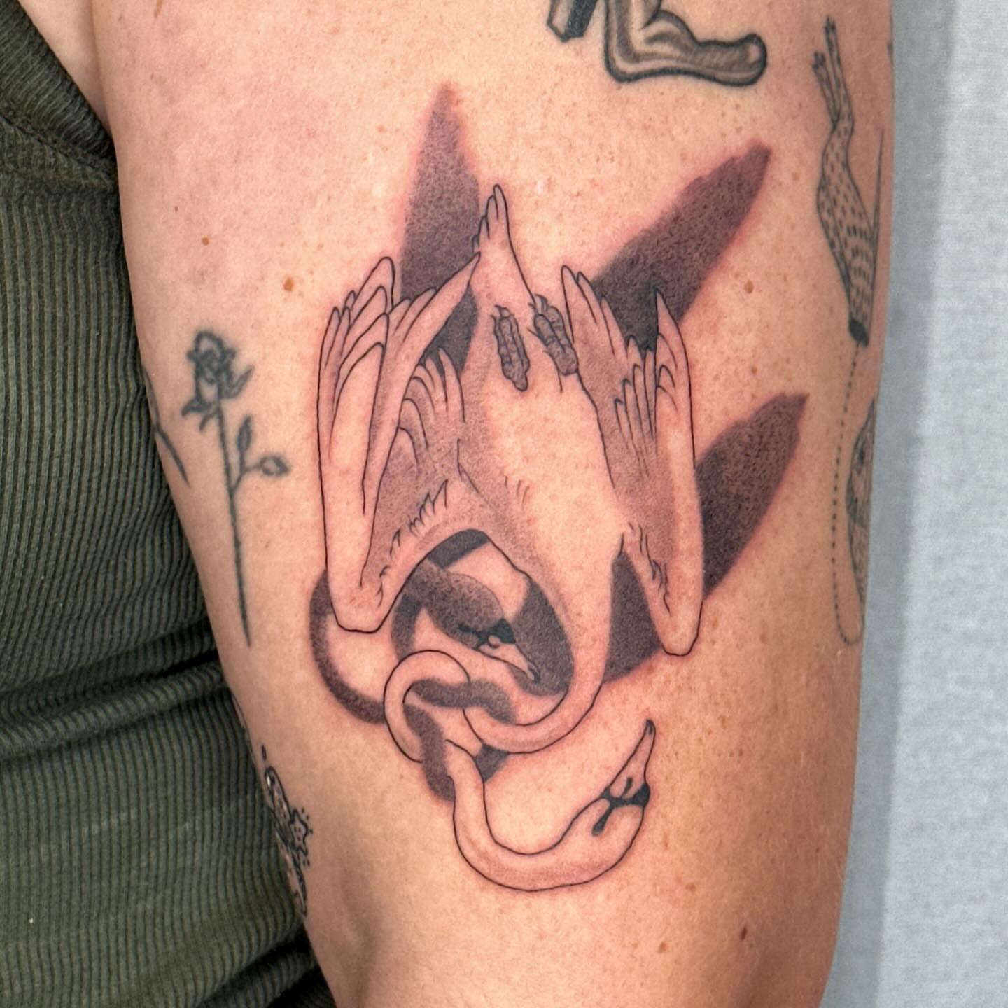 Bird and snake black and grey tattoo on the forearm by ɪᴍᴏɢᴇɴ 🏳️🌈 sᴇᴀᴛᴛʟᴇ ᴛᴀᴛᴛᴏᴏ ᴀʀᴛɪsᴛ, Seattle, Washington