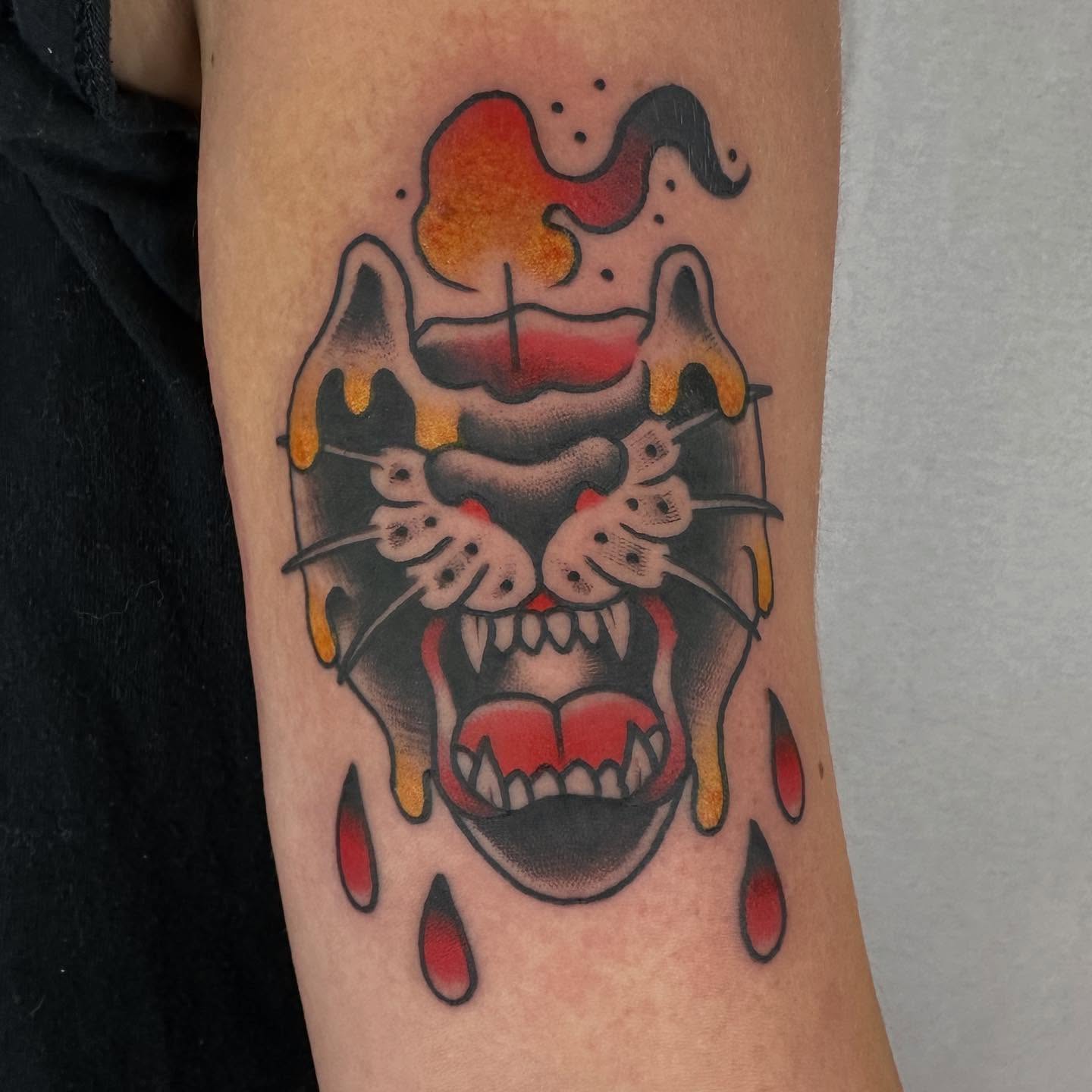 Angry cat American traditional tattoo on the forearm by Hannah Jean
