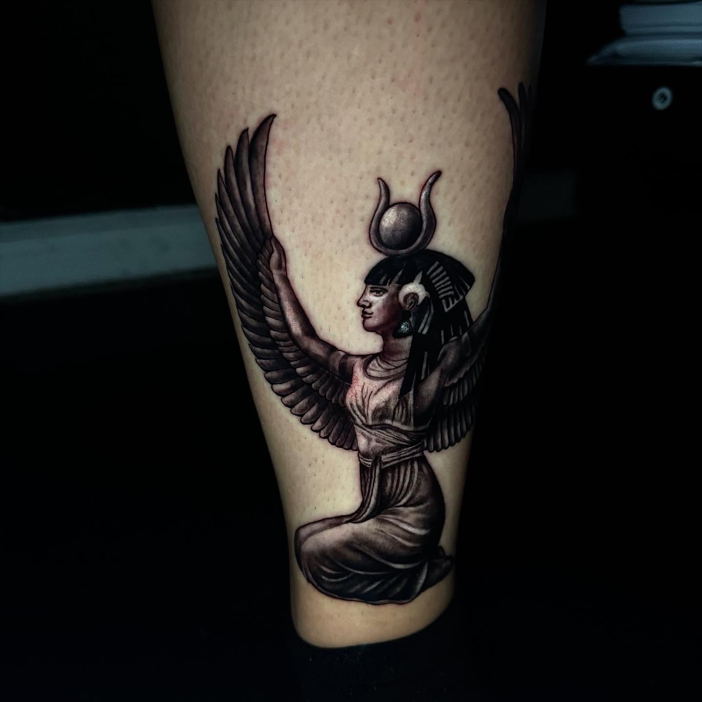 Winged goddess realism tattoo on the forearm by @_frankyvee