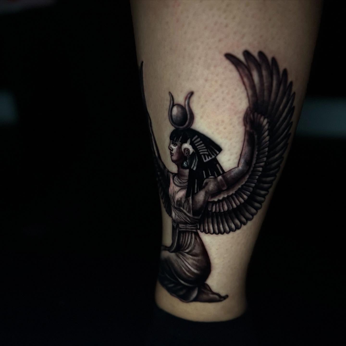 Winged goddess black and grey tattoo on the forearm by @_frankyvee