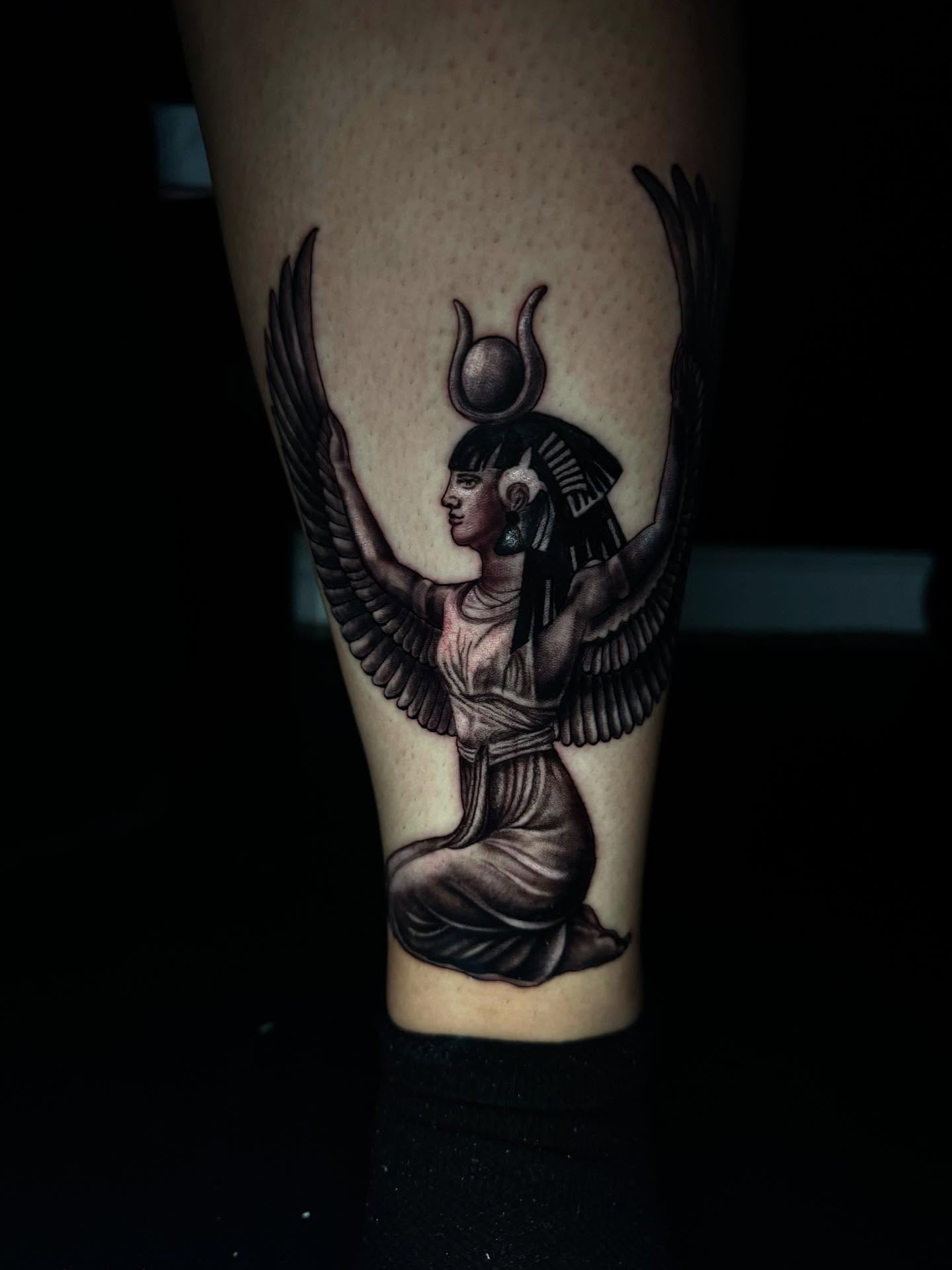 Ancient egyptian deity black and grey tattoo on the forearm by @_frankyvee