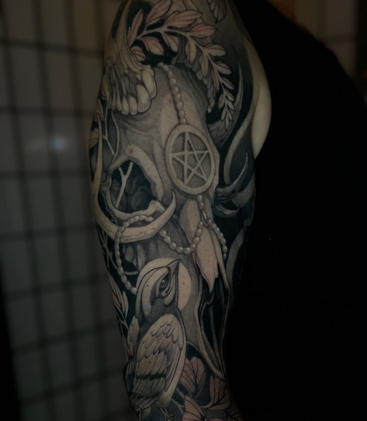 Skull and bird realism tattoo on the forearm by Madelyn Roberts, Bellingham, Washington