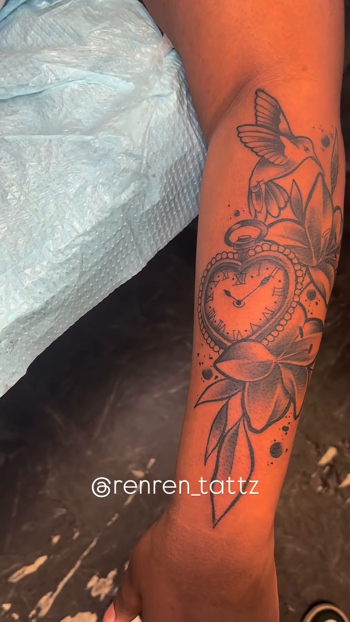 Pocket watch and hummingbird fine line tattoo by Woman Tattooist 🥂, Houston, Texas