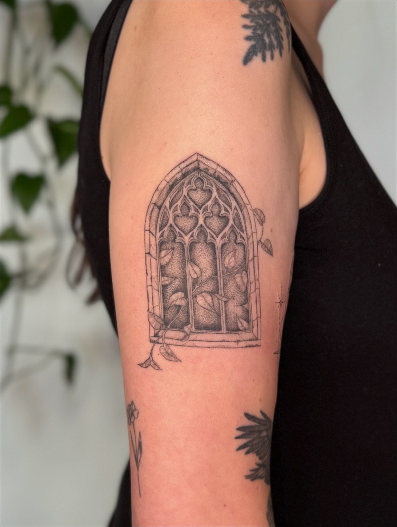 Gothic window dotwork tattoo on the forearm by Jasmine, Lynnwood, Washington