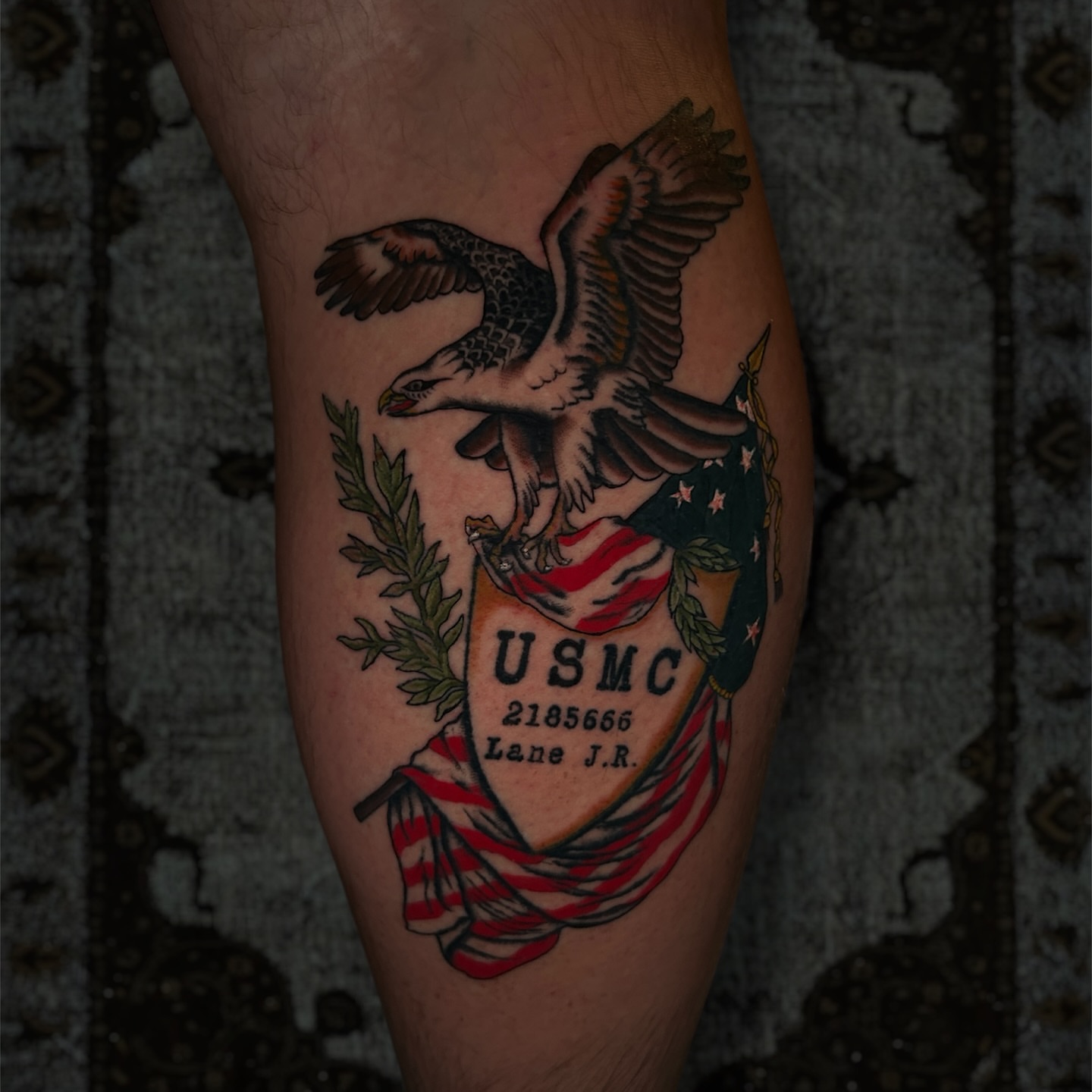USMC eagle American traditional tattoo on the thigh by ⁂ 𝕽𝖊𝖆𝖌𝖆𝖓⁂, Texas City, Texas
