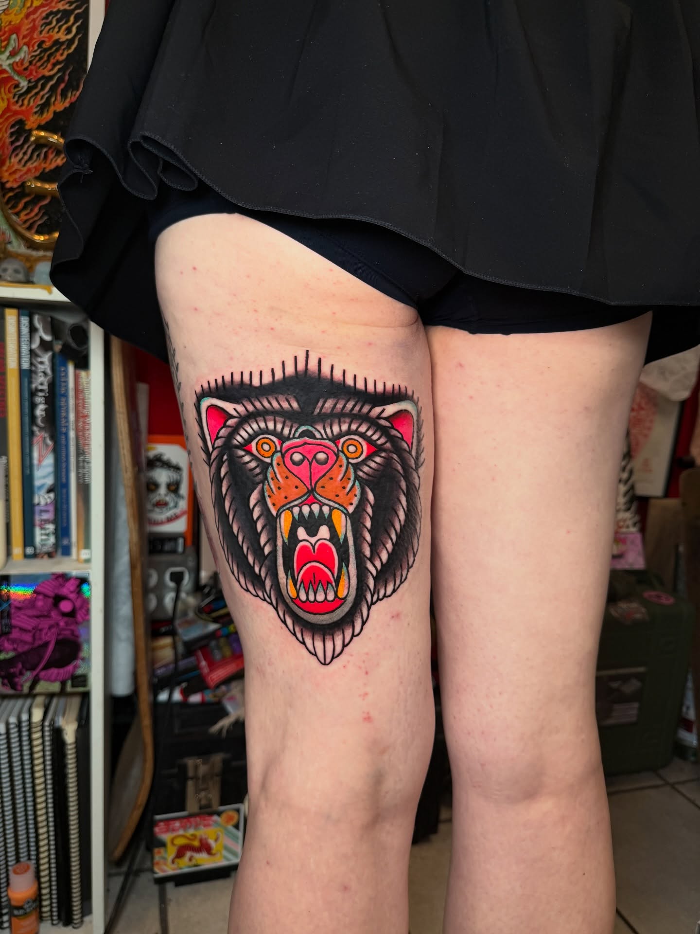 Bear American traditional tattoo on the thigh by Tattoo Artist Los Angeles