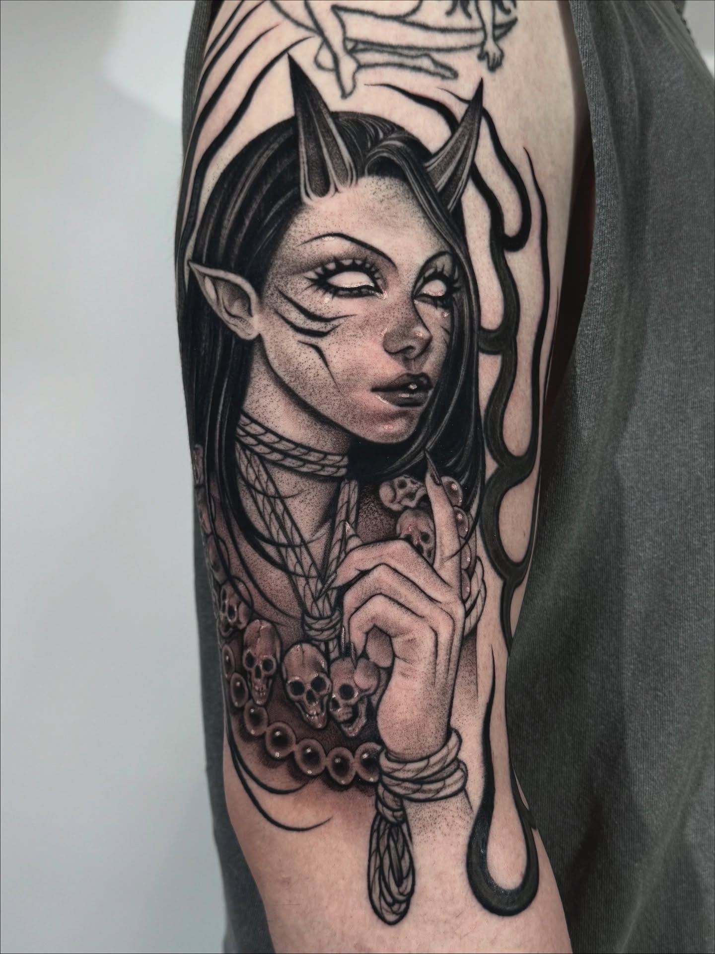 Elf woman with horns dotwork tattoo on the forearm by Tattoos.byDahlia, Austin, Texas