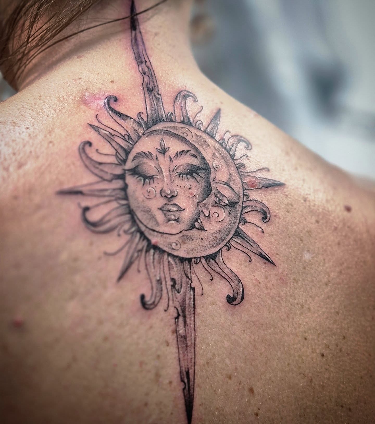 Sun and moon realism tattoo on the neck by Тату Херсон _ Kherson tattoo, Kherson