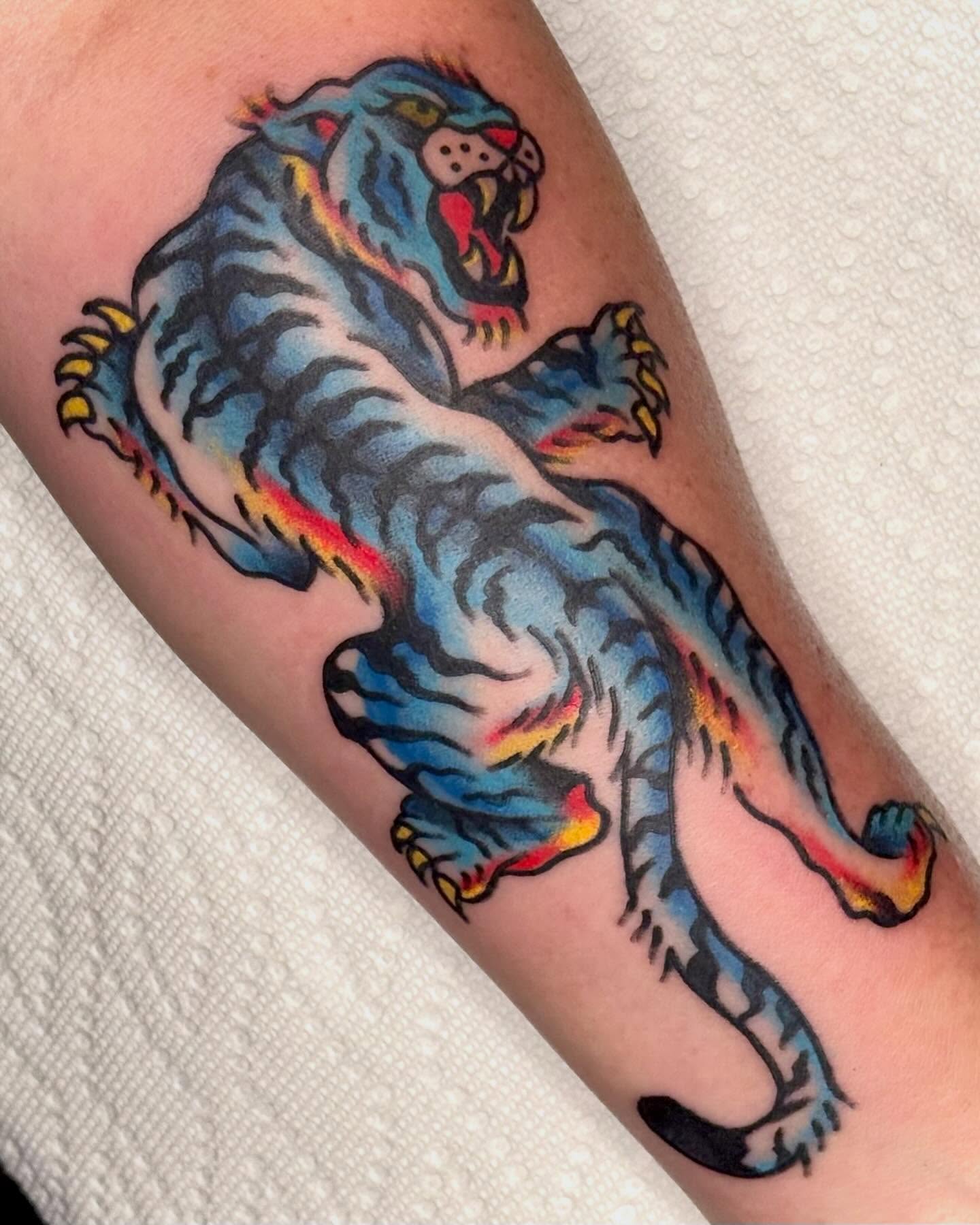 Tiger American traditional tattoo on the forearm by Ty Elias