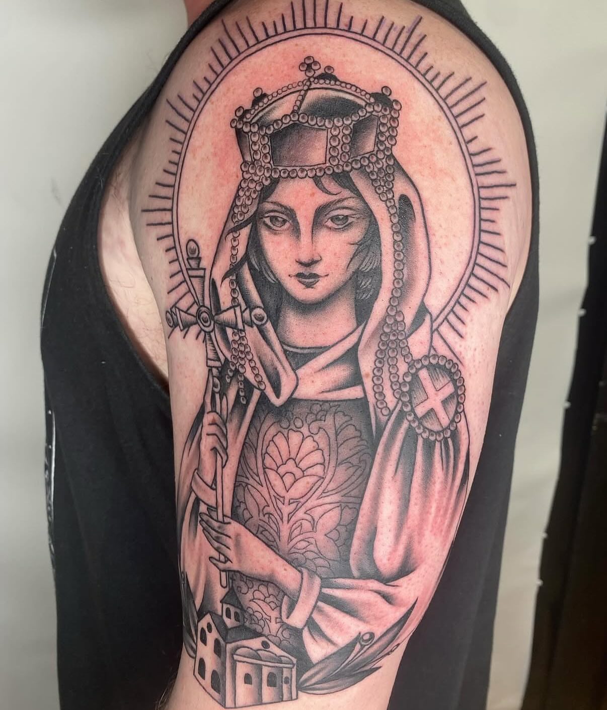 Religious figure realism tattoo on the shoulder by Vivian HavaTattoo, Richmond, Virginia