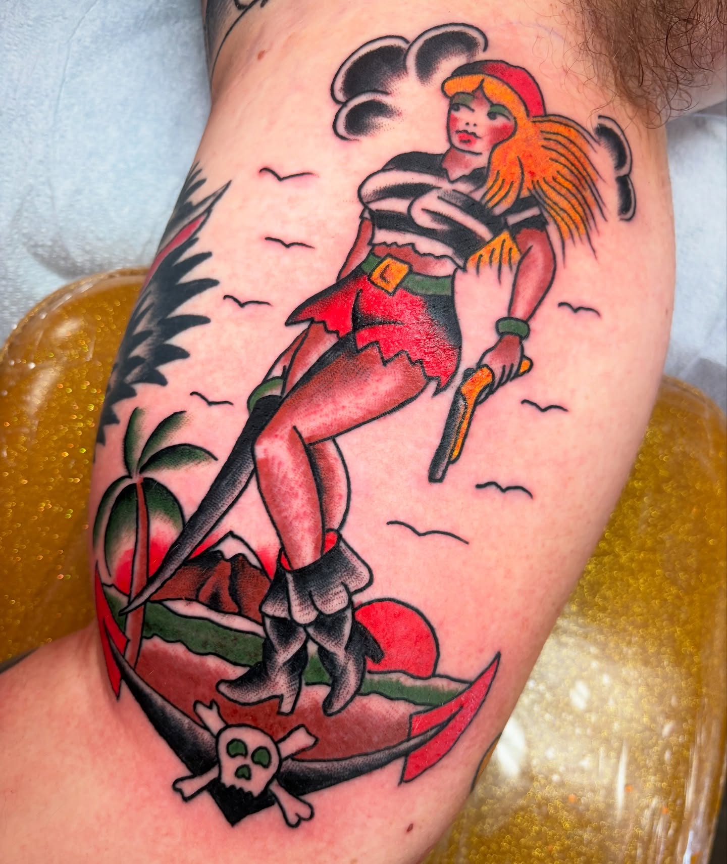 Pirate girl American traditional tattoo on the thigh by adamsayre, San Diego, California