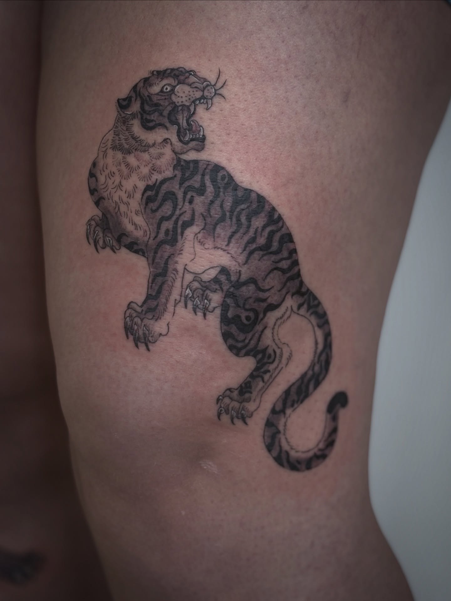 Tiger black and grey tattoo on the thigh by @tattotos