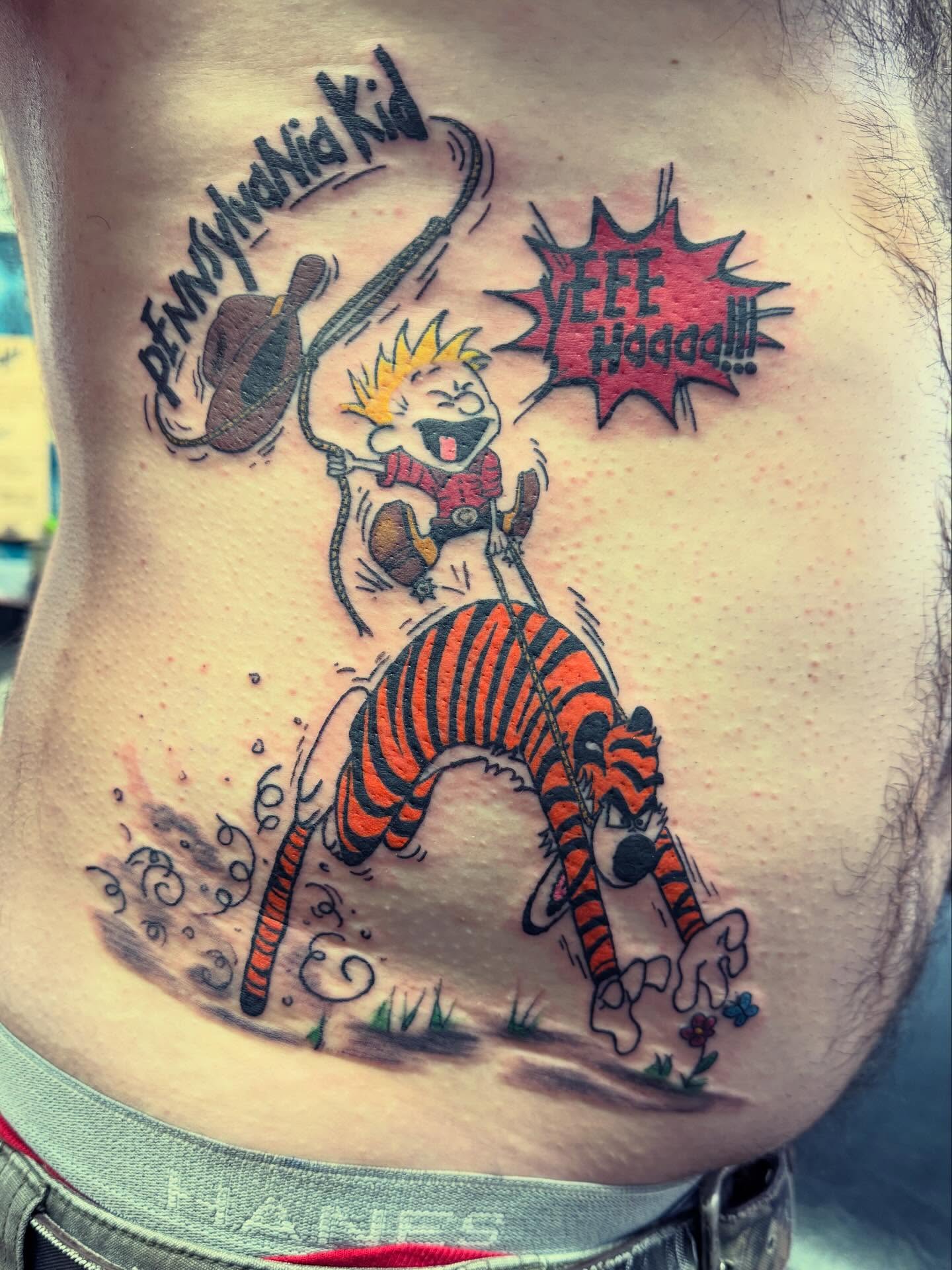 Calvin and Hobbes dotwork tattoo on the ribs by @lady_raven_tattoo