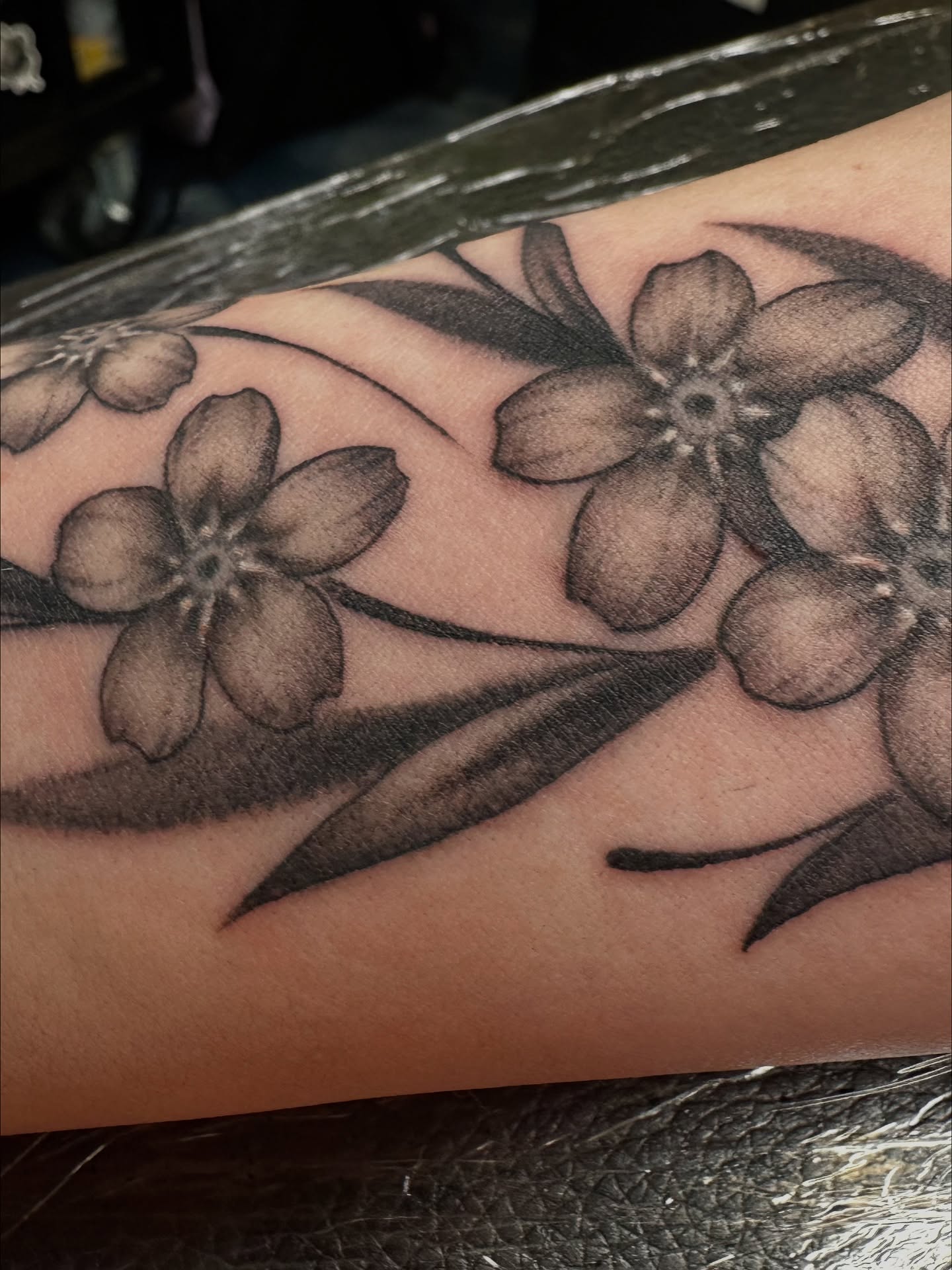 Cherry blossoms black and grey tattoo on the forearm by Sam Minneci